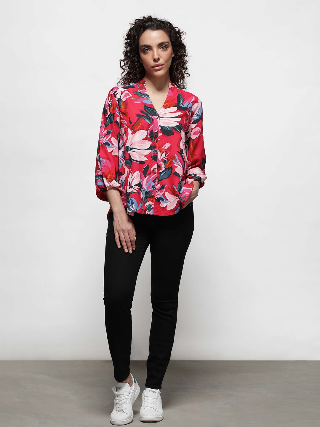 

IDK Floral Print Mandarin Collar Bishop Sleeves Top, Pink