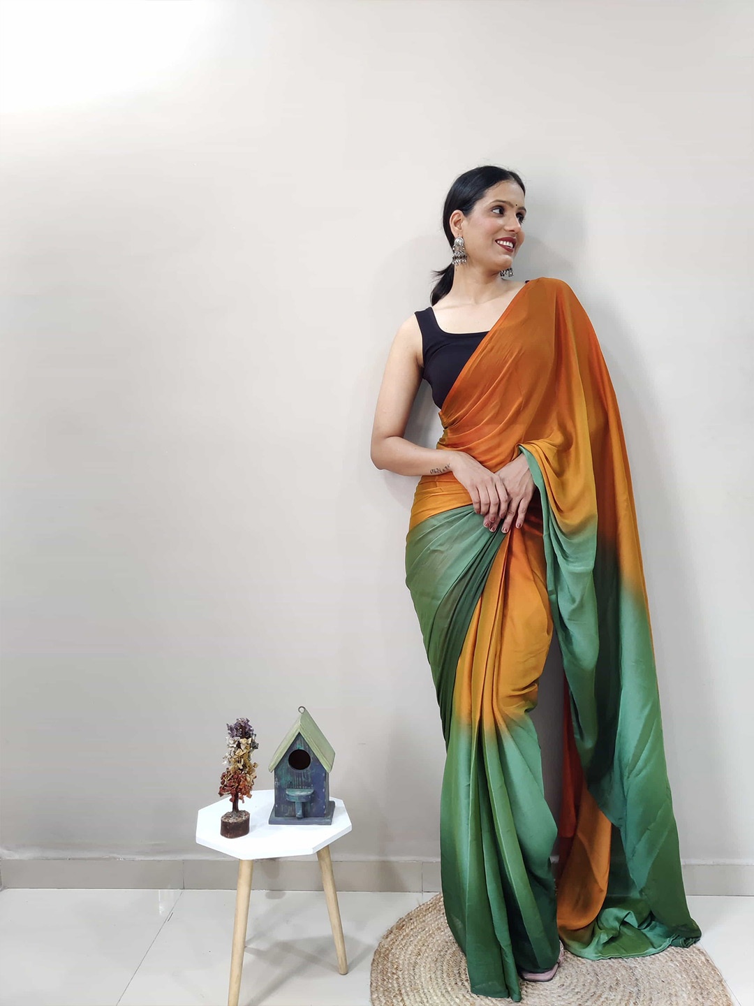 

HERE&NOW Colourblocked Satin Jamdani Saree, Orange