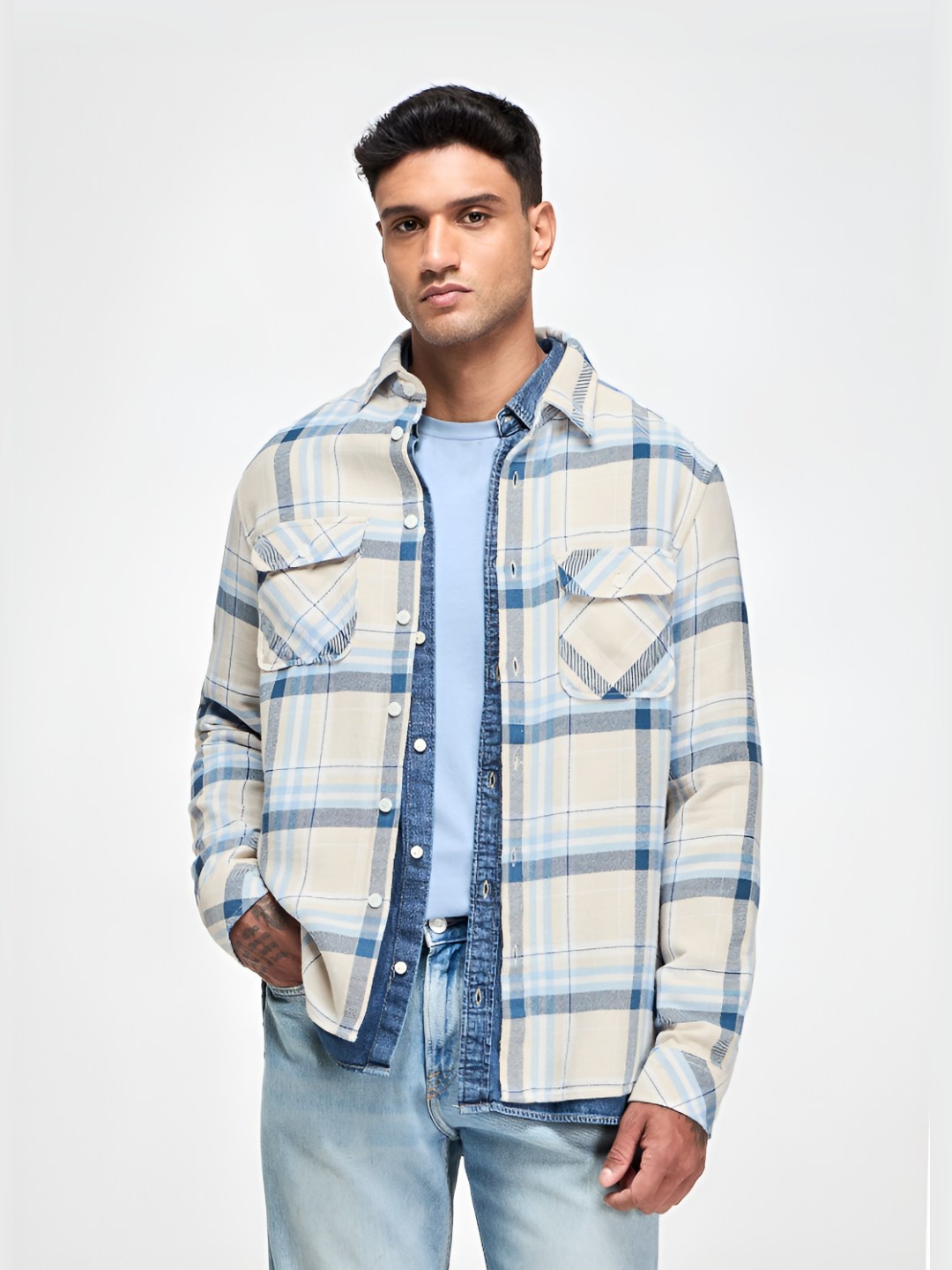 

Red Flame Men Checked Pure Cotton Regular Casual Wear Shacket, Cream