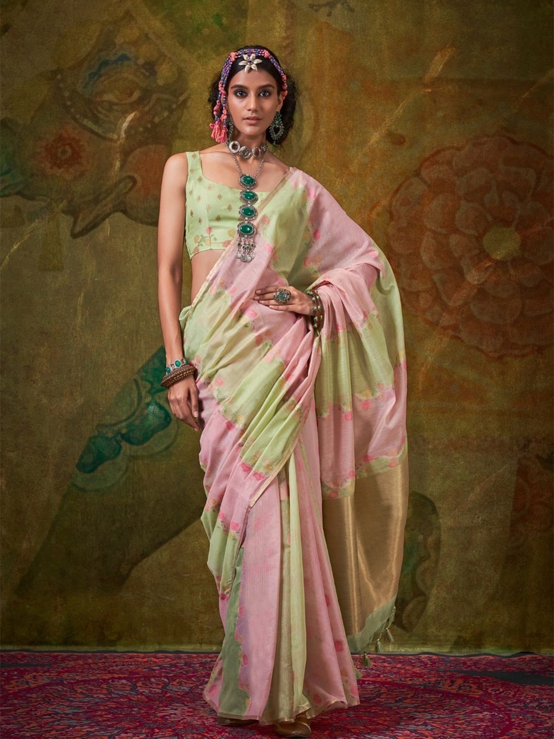 

BLENDIFY Woven Design Zari Silk Blend Banarasi Saree, Green