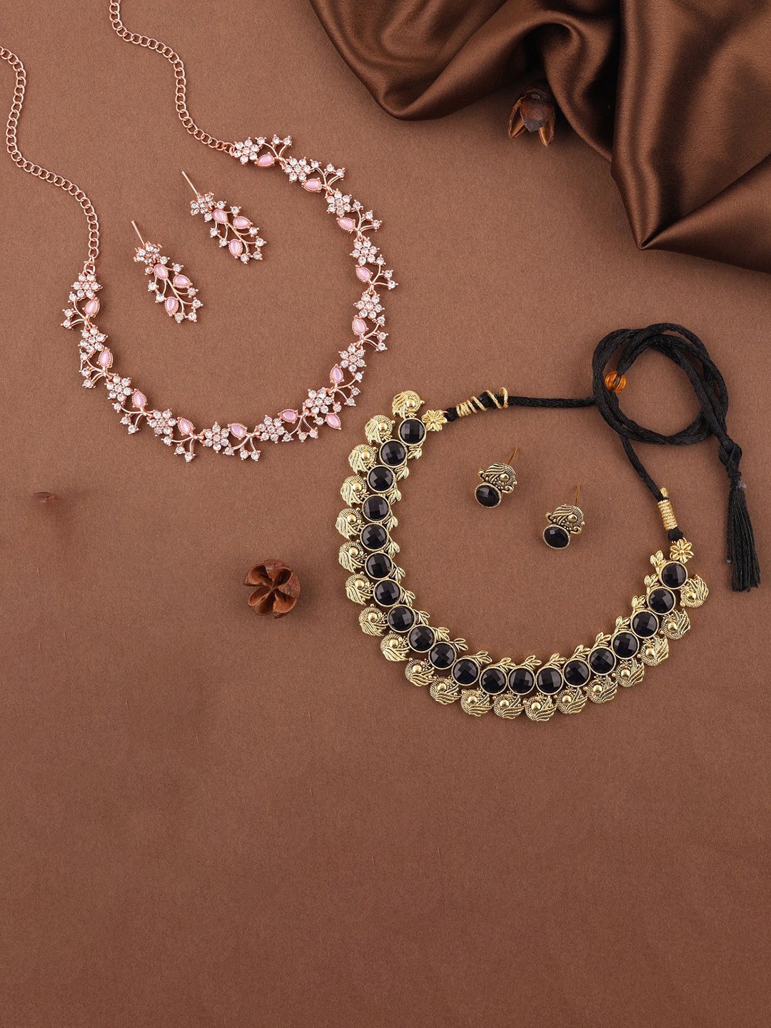 

Lyriss Set Of 2 Rose Gold & Gold-Plated American Diamond-Studded Jewellery Set