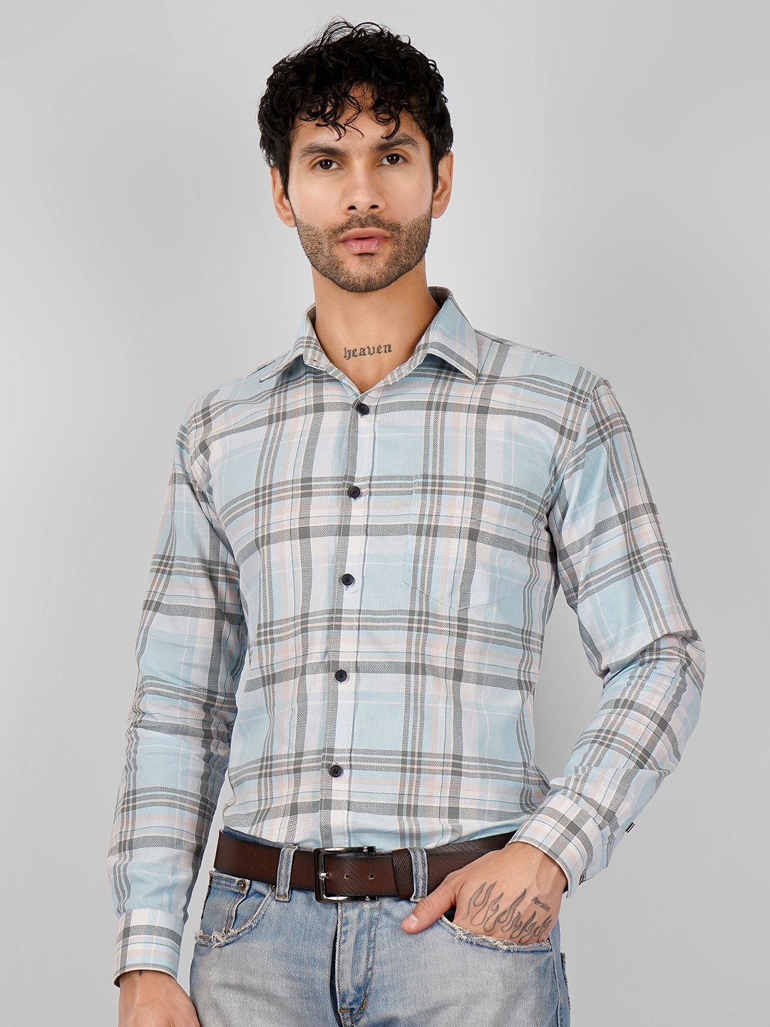 

DESIGN UP Men Classic Slim Fit Opaque Checked Casual Shirt, Turquoise blue