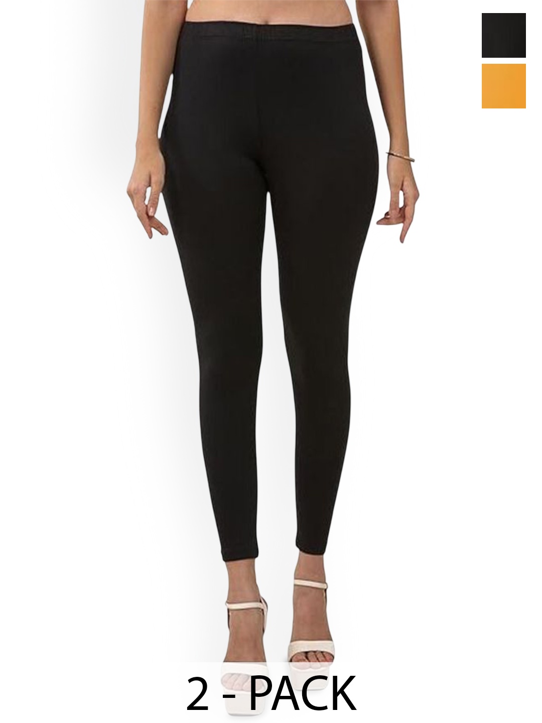 

TRAZO Pack Of 2 Cotton Mid-Rise Ankle-Length Leggings, Black