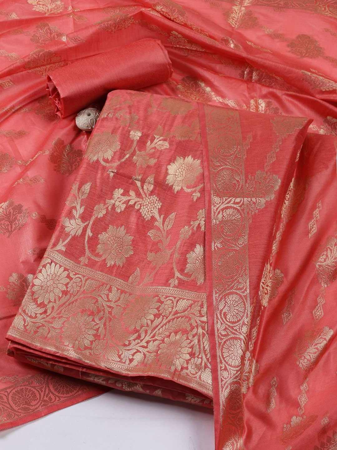 

Meena Bazaar Art Silk Unstitched Dress Material, Coral
