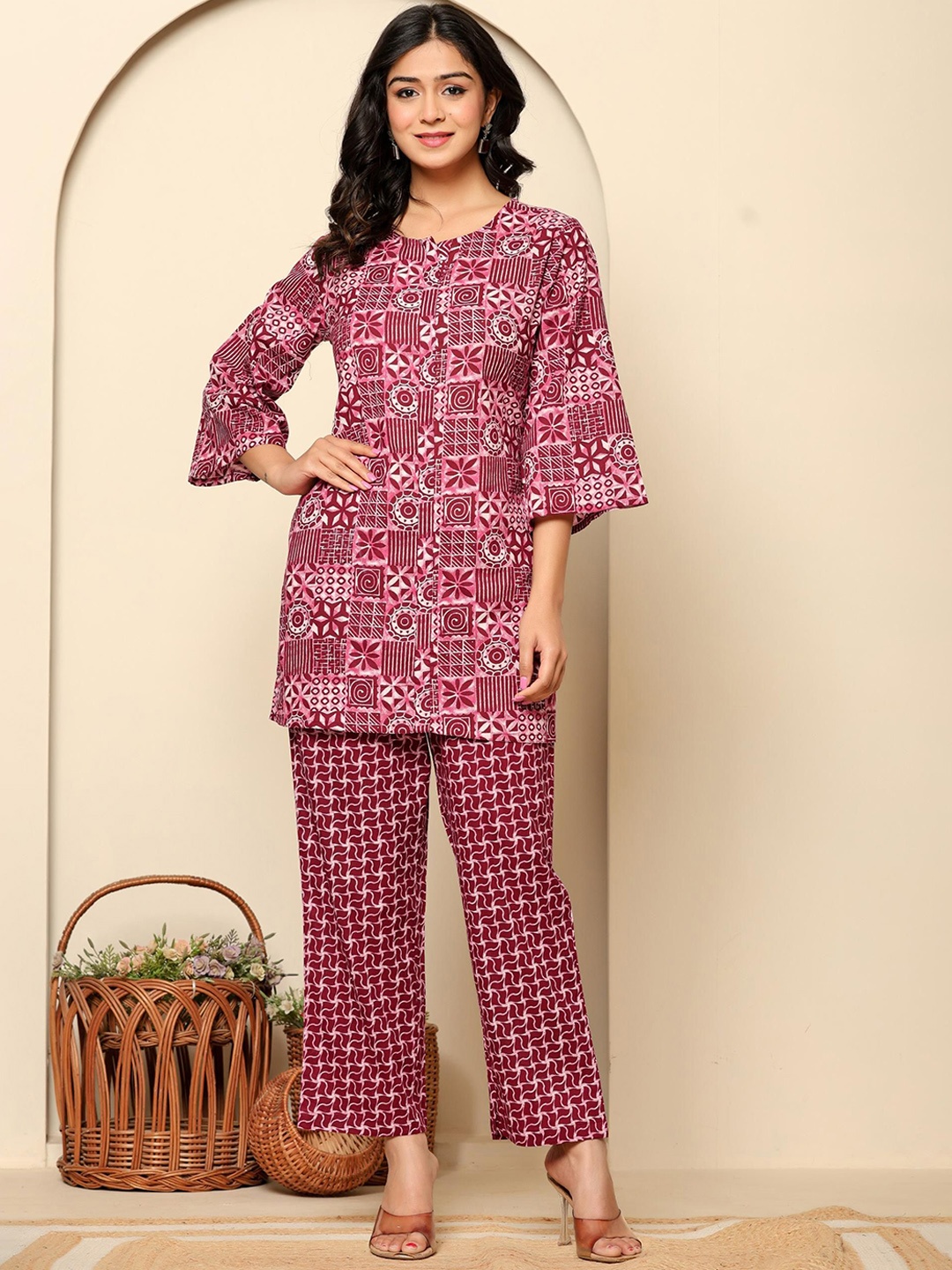 

Rouhab Printed Cotton Top With Trousers Co-Ords, Maroon