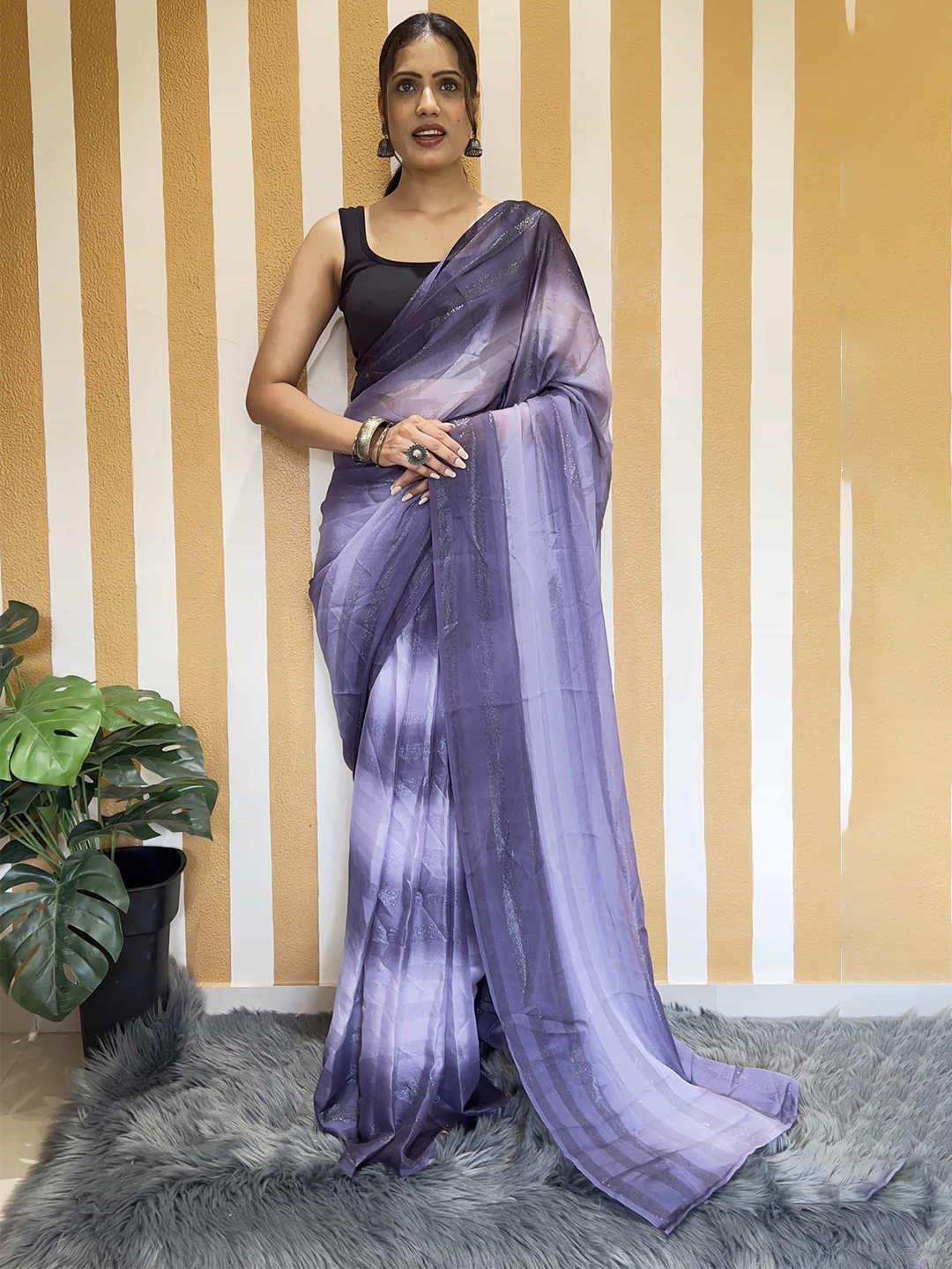 

HERE&NOW Striped Pure Chiffon Jamdani Saree, Purple