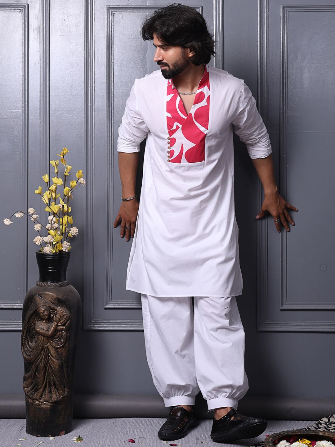 

MIDAV Men Yoke Design Thread Work Block Print Kurta, White