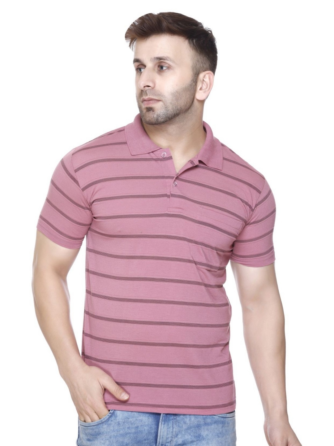 

Yoorix Men Striped Polo Collar T-shirt, Pink