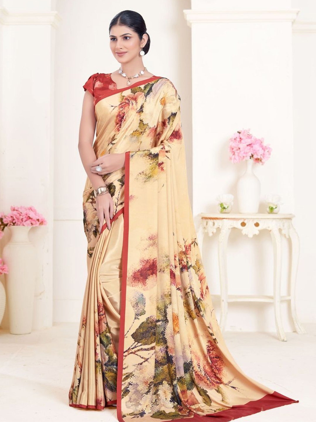 

Suha Floral Poly Crepe Saree, Cream