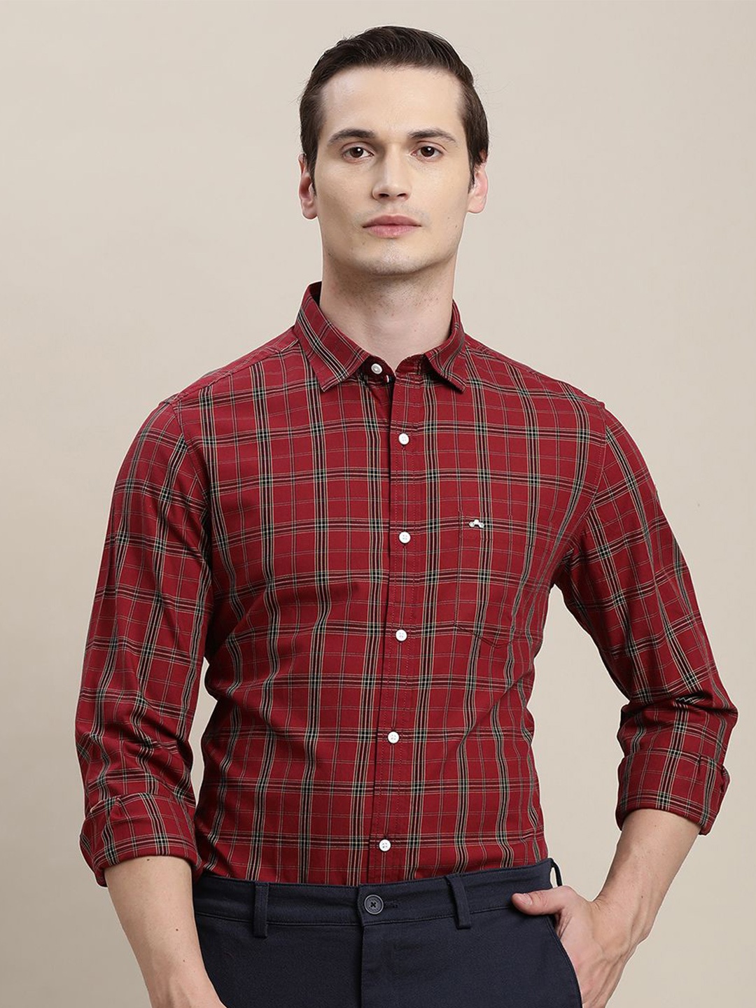 

Turtle Men Relaxed Slim Fit Tartan Checks Opaque Striped Casual Shirt, Red