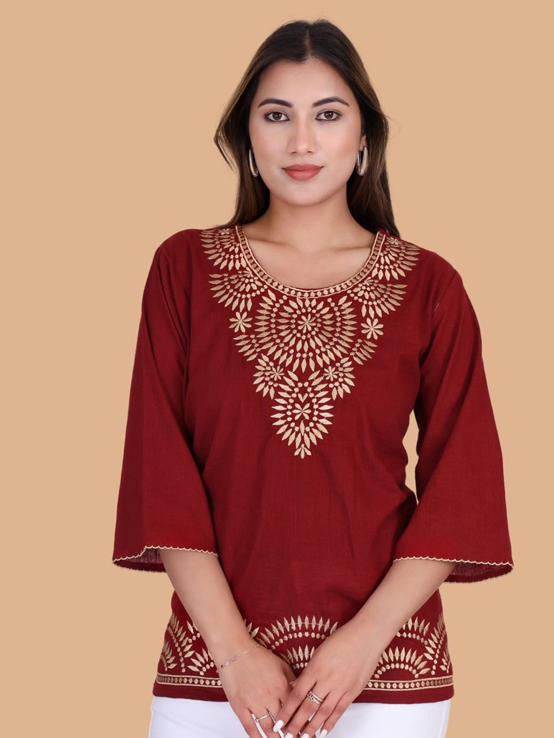 

Moda Rapido Floral Embroidered Flared Sleeves Thread Work Pure Cotton Thread Work Kurti, Maroon