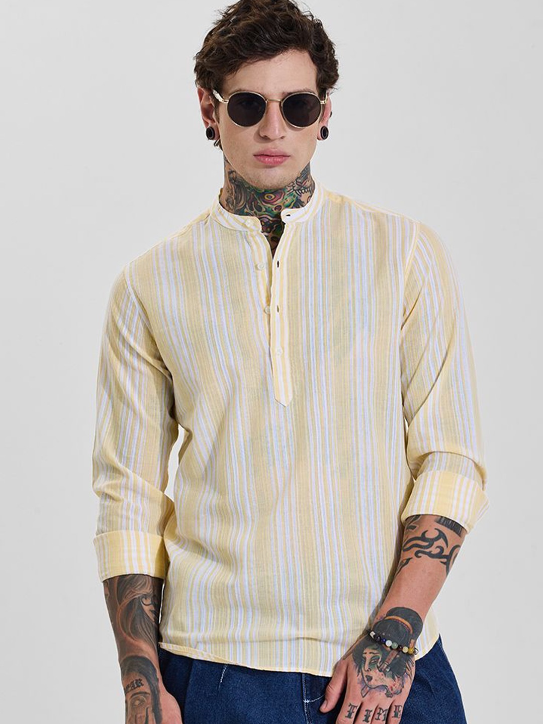 

Snitch Men Slim Fit Opaque Striped Casual Shirt, Yellow