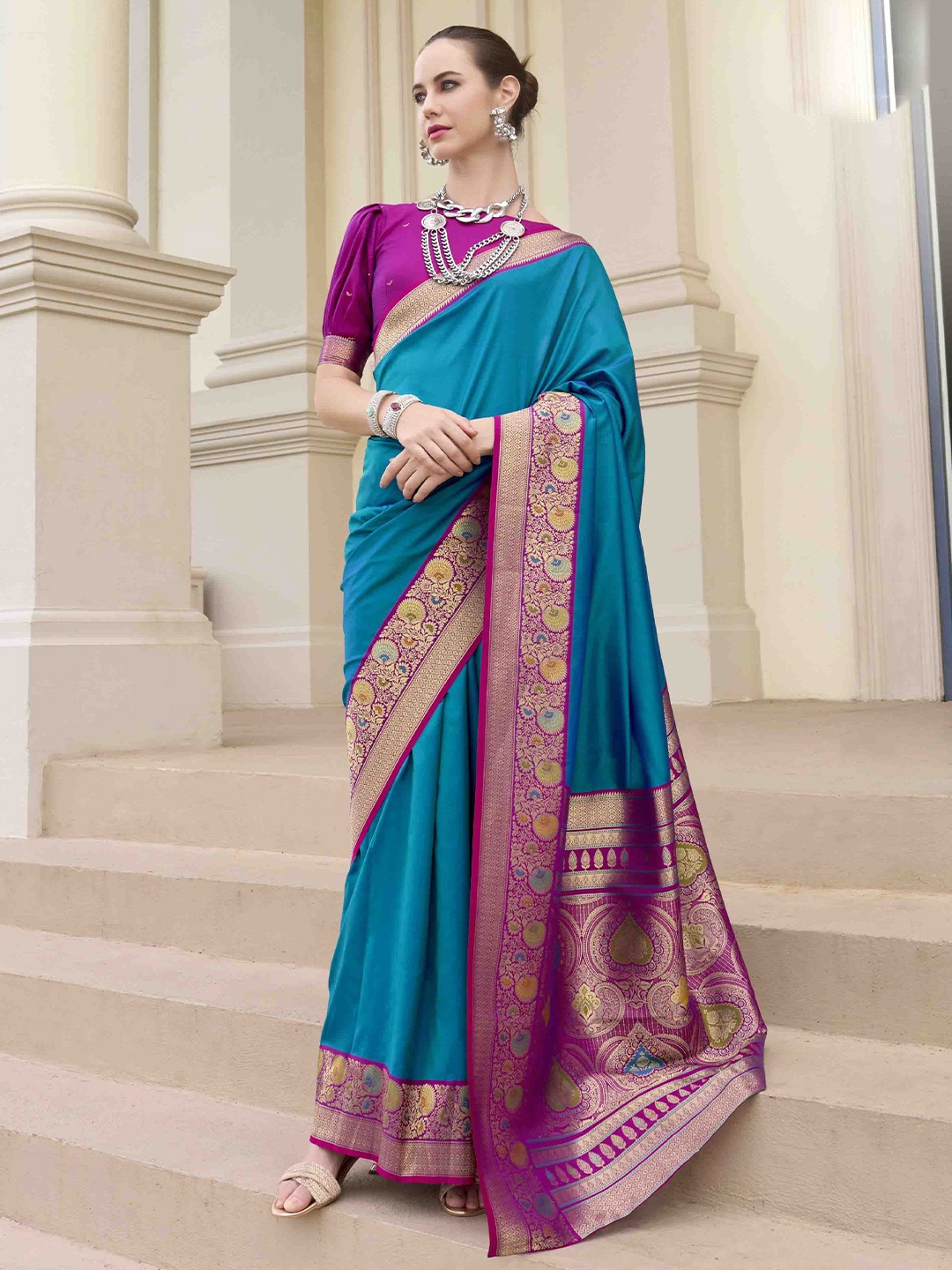 

Mitera Woven Design Zari Silk Blend Banarasi Saree, Blue