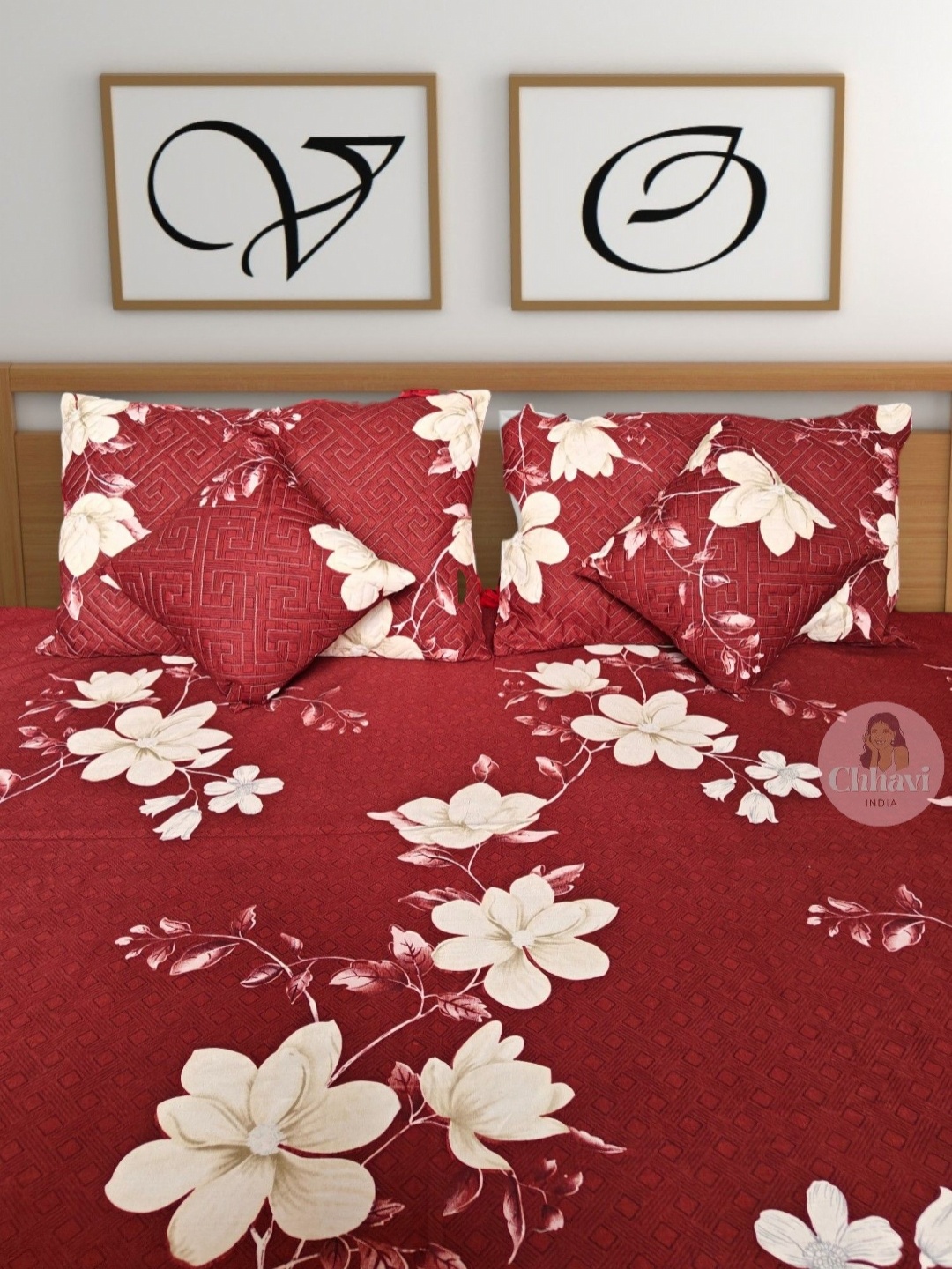 

CG HOMES Maroon & Beige Floral 180 TC Queen Bedsheet with 2 Pillow Covers