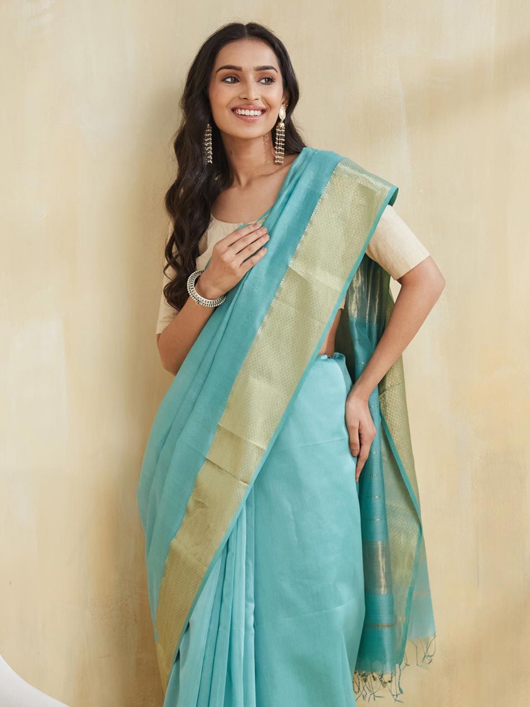 

Fabindia Zari Silk Cotton Maheshwari Saree, Turquoise blue