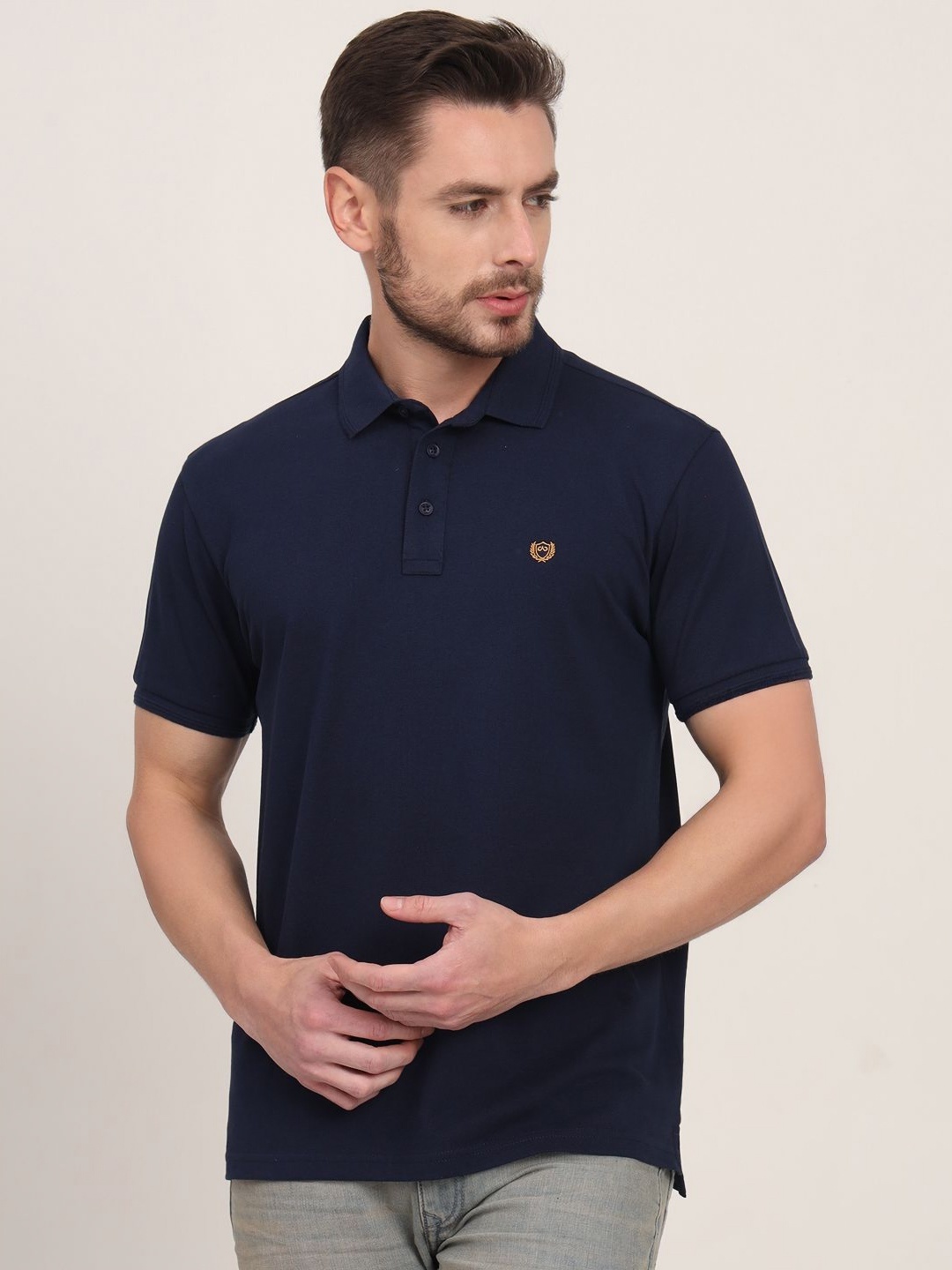 

JADE BLUE Men Polo Collar Applique Slim Fit T-shirt, Navy blue