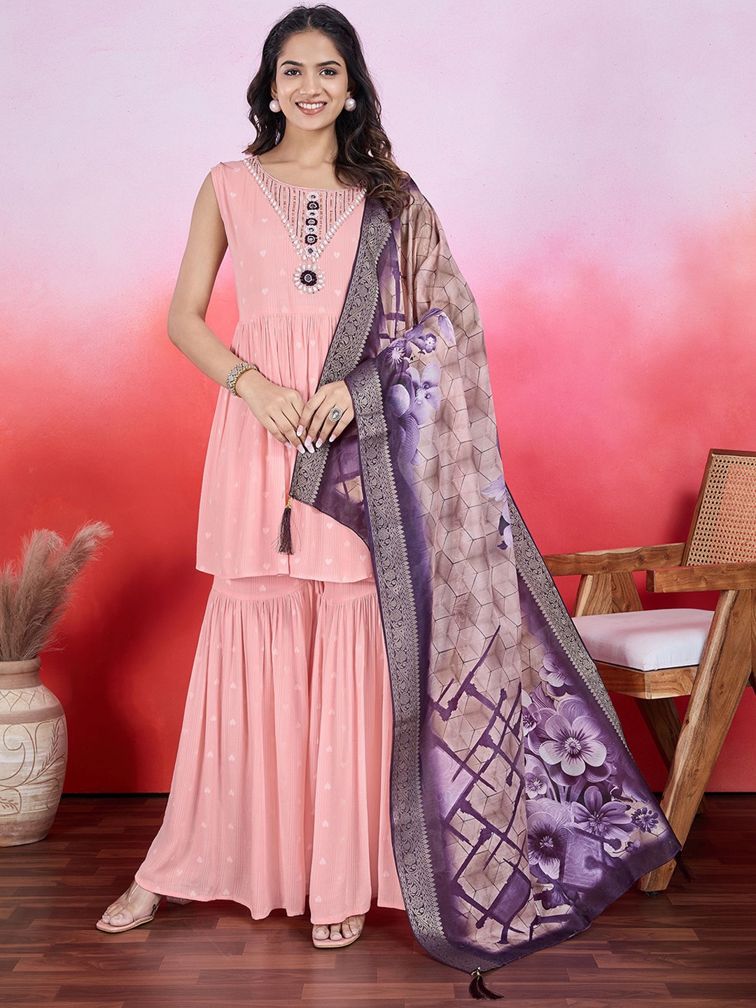 

MOJILAA Women Embroidered Regular Beads and Stones Kurta with Sharara & With Dupatta, Peach