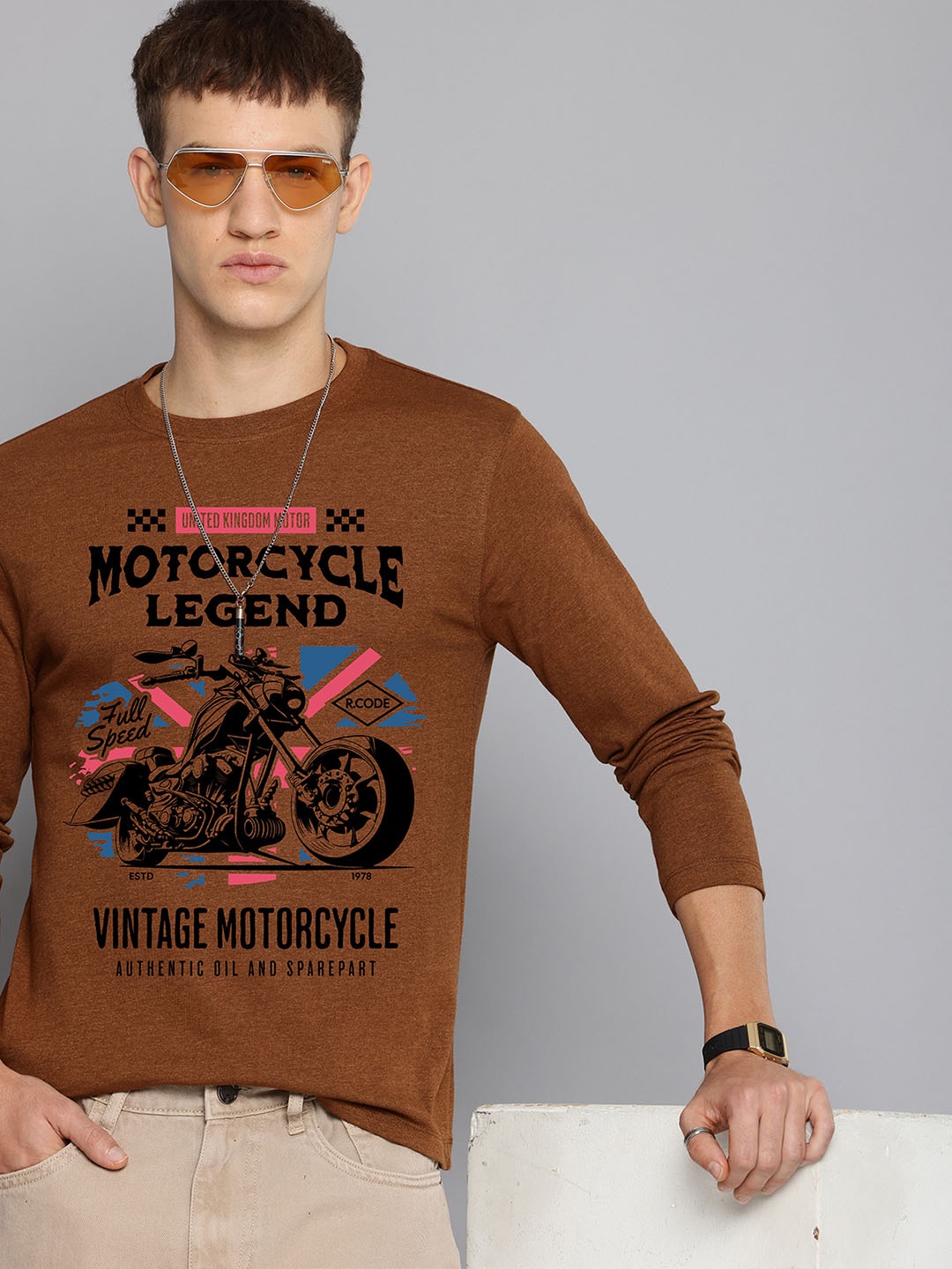 

R.Code by The Roadster Life Co. Men Biker Printed Raw Edge T-shirt, Mustard
