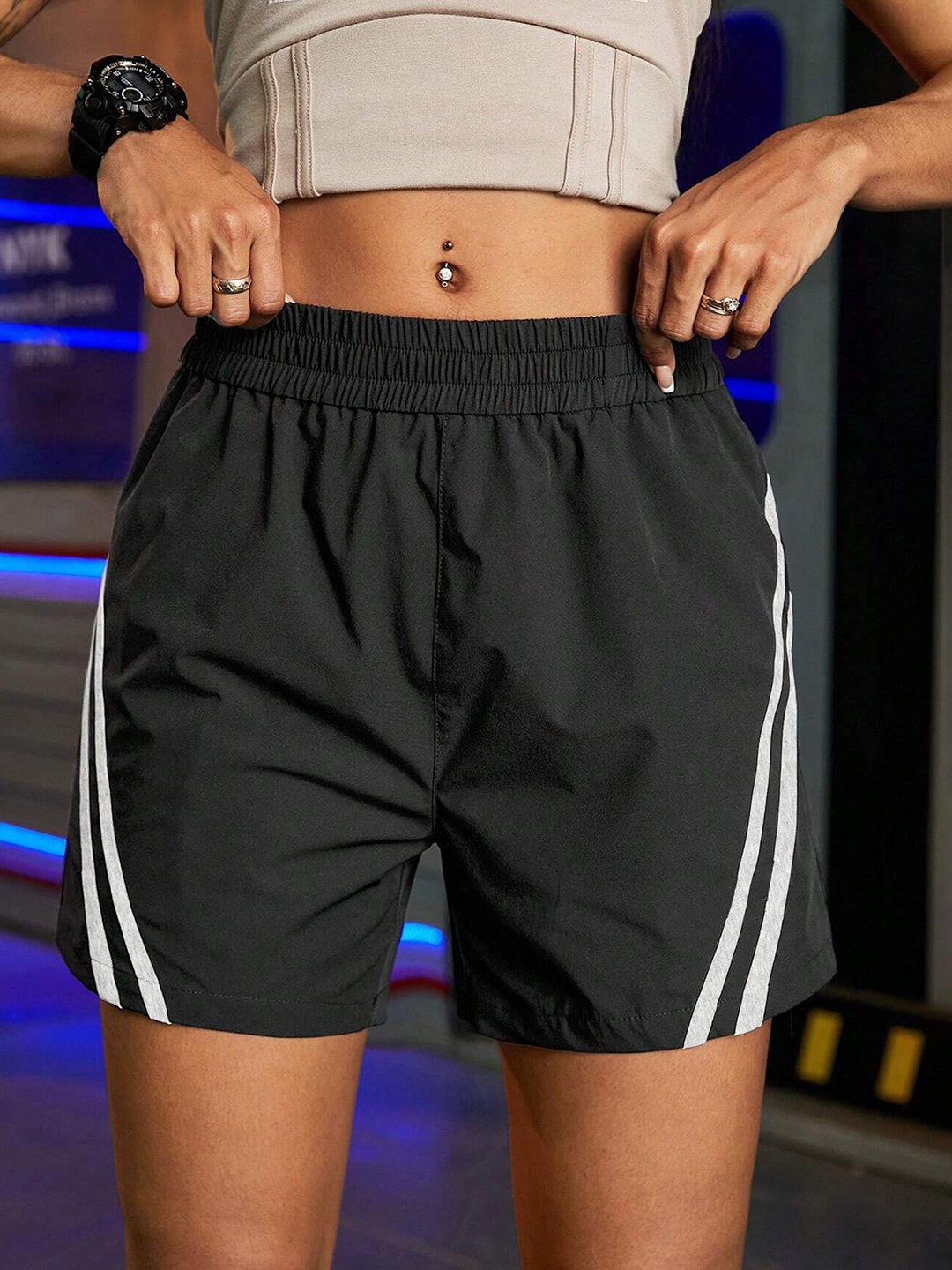 

MODARUE Girls Striped High-Rise Training or Gym Hot Pants Shorts, Black