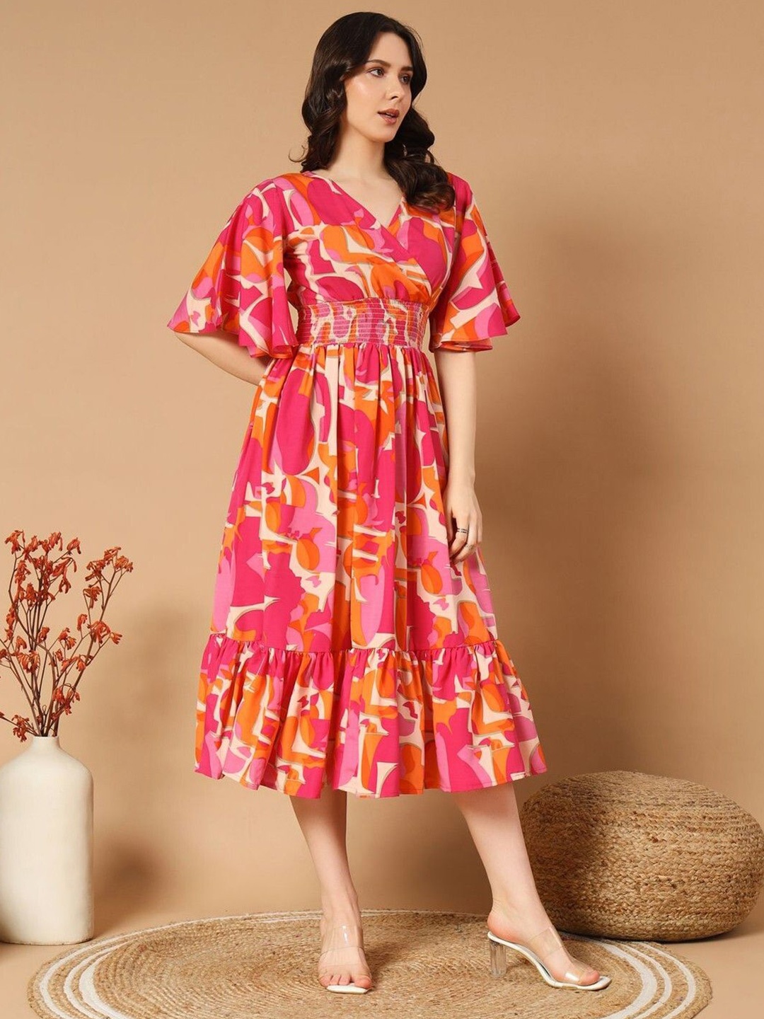 

Raiyani Fashion Printed Flared Sleeve Smoked Crepe Fit & Flare Maxi Dress, Orange