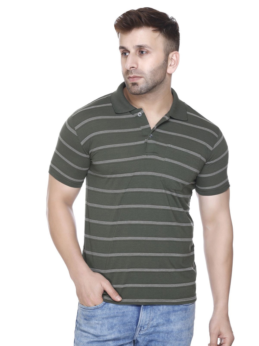 

Yoorix Men Striped Polo Collar T-shirt, Olive