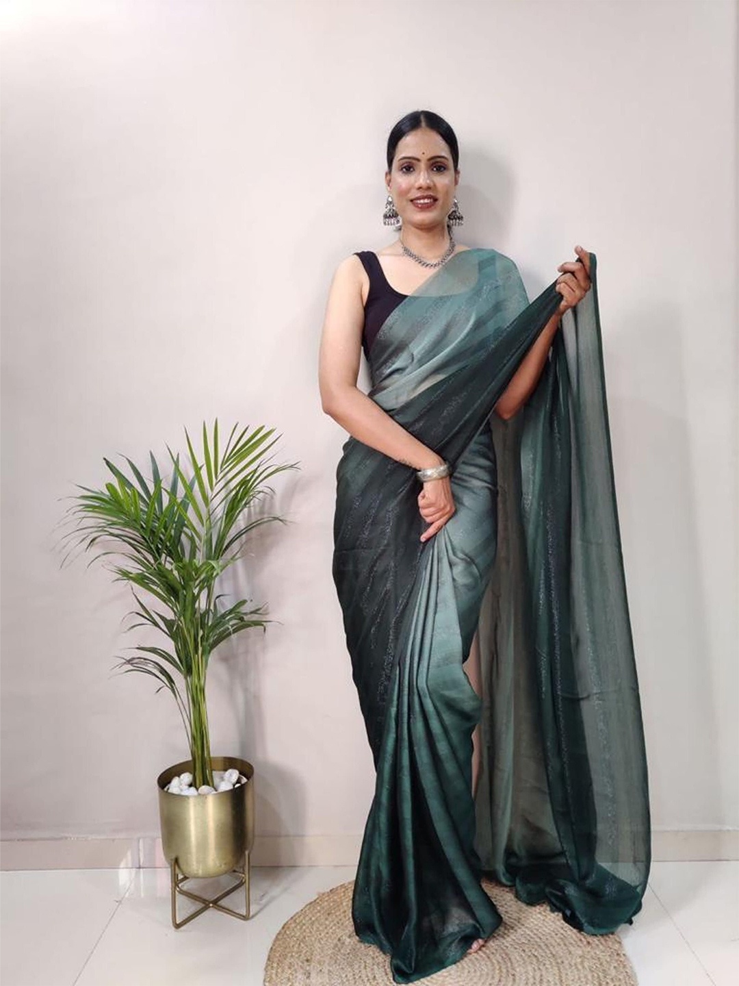 

HERE&NOW Pure Chiffon Jamdani Saree, Green