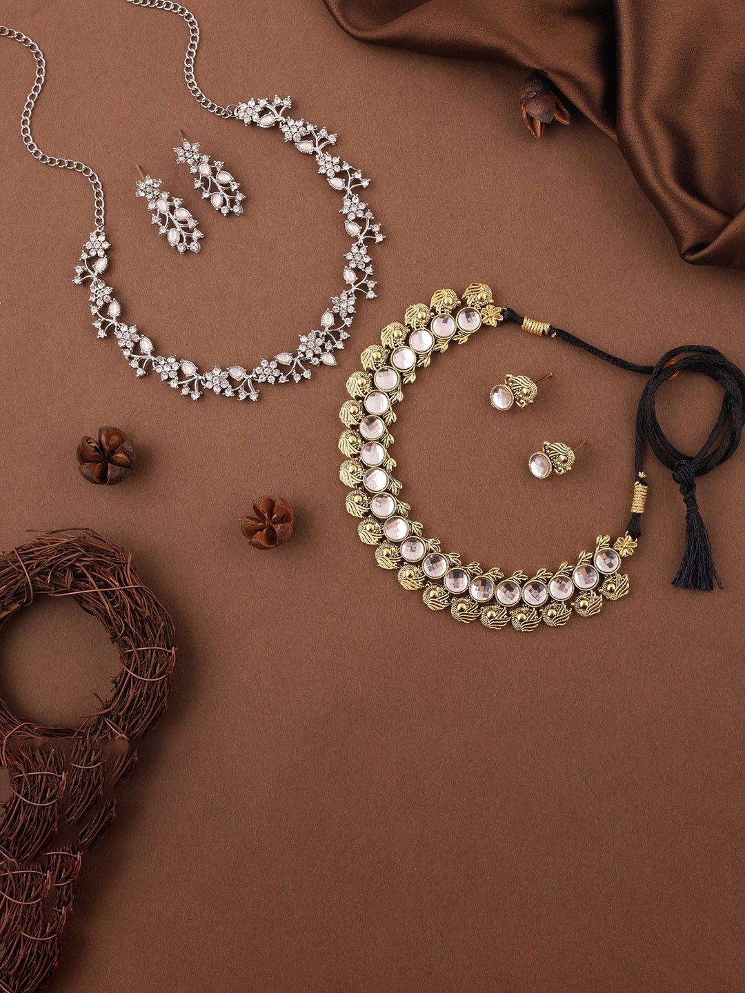 

Lyriss Set Of 2 Gold & Sliver-Plated American Diamond-Studded Jewellery Set