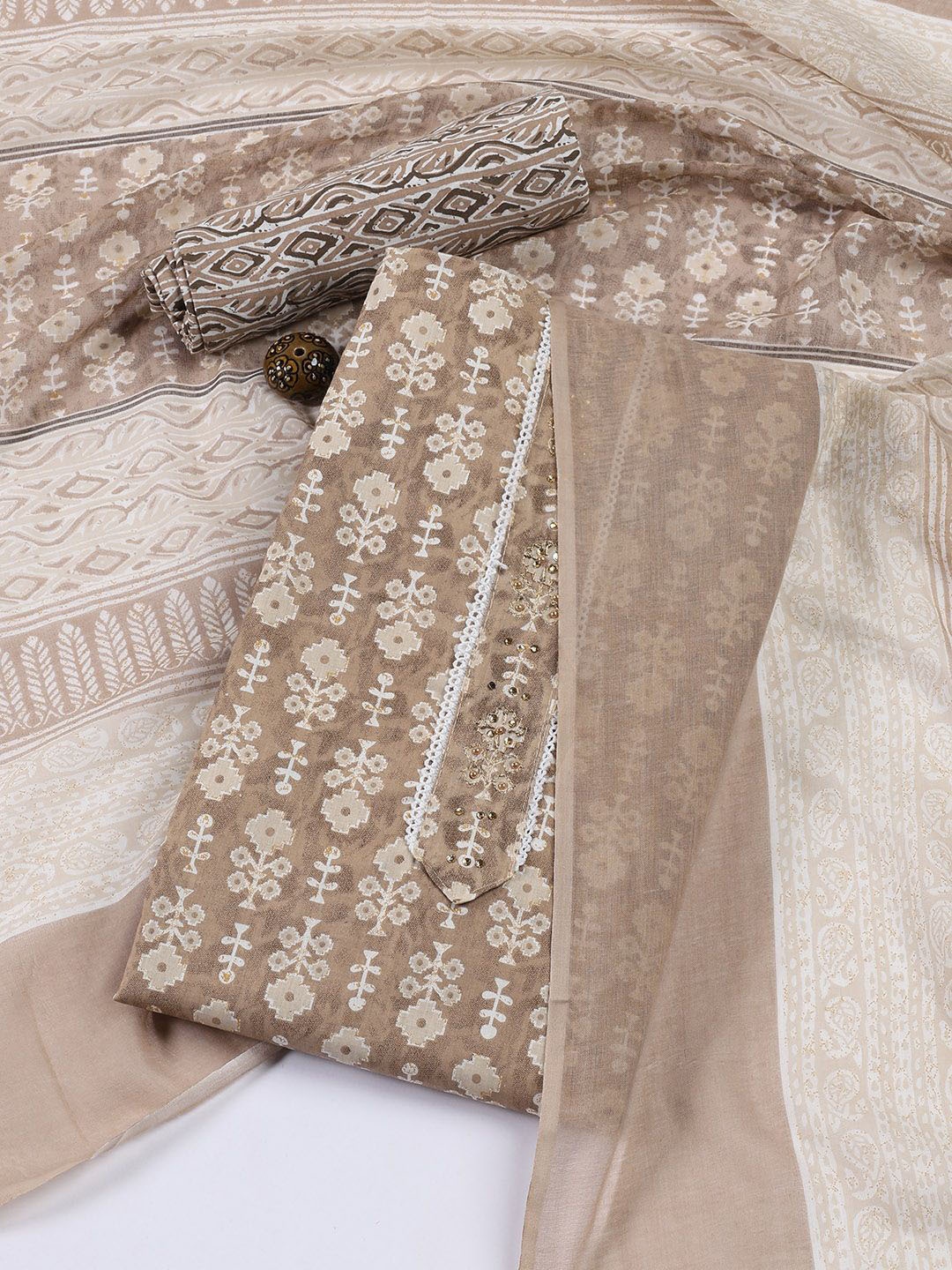 

Meena Bazaar Printed Unstitched Dress Material, Beige