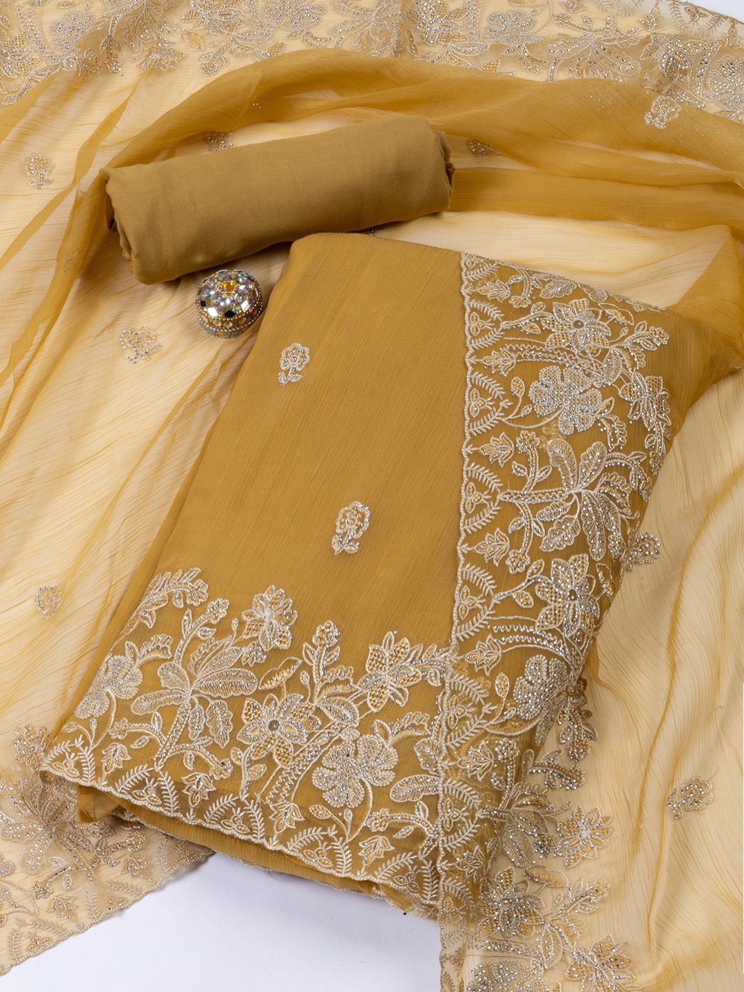 

Meena Bazaar Embroidered Organza Unstitched Dress Material, Mustard
