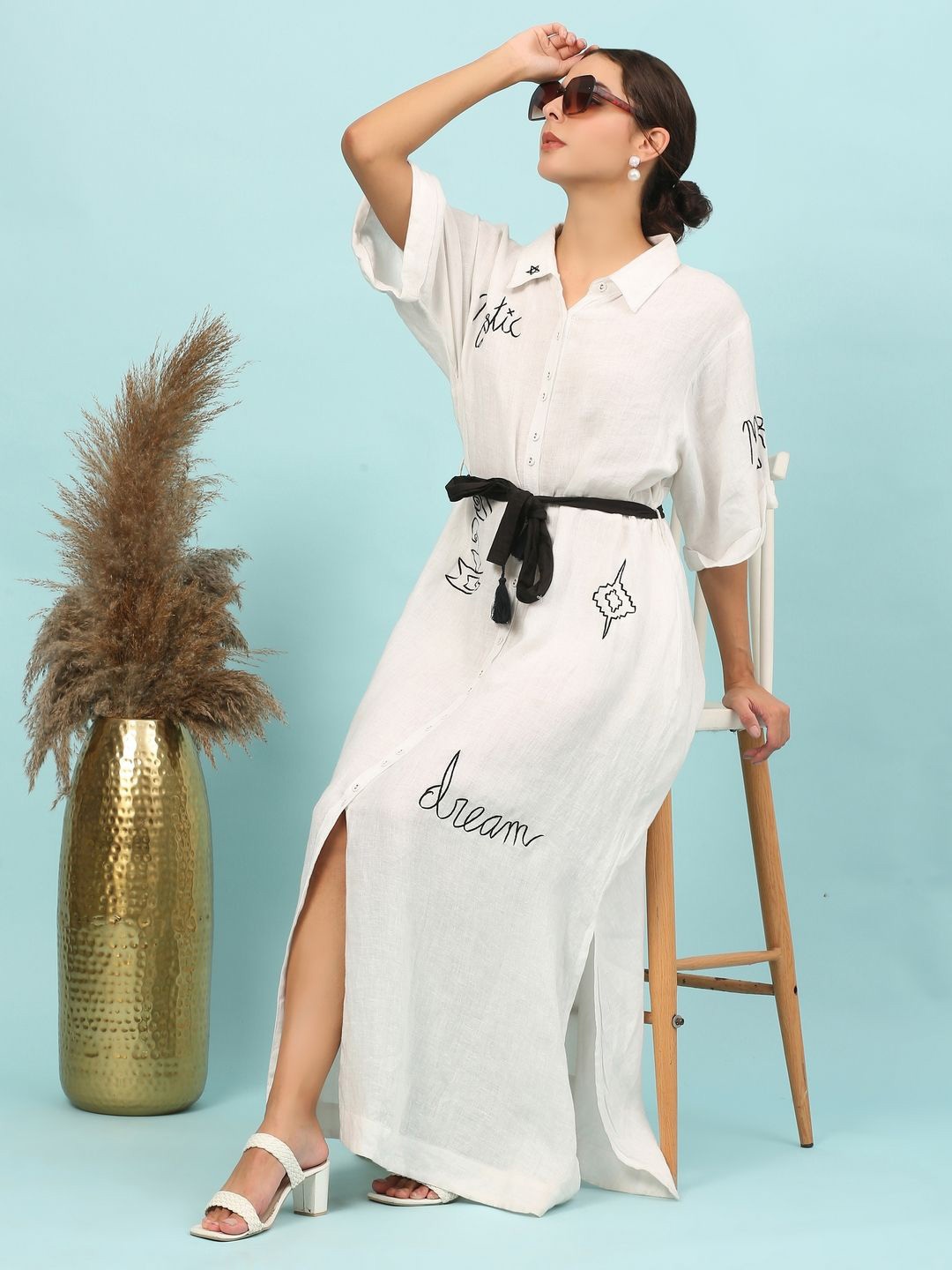 

ECO LEAS BY SHIPRA Embroidered Linen Shirt Short Dress, White