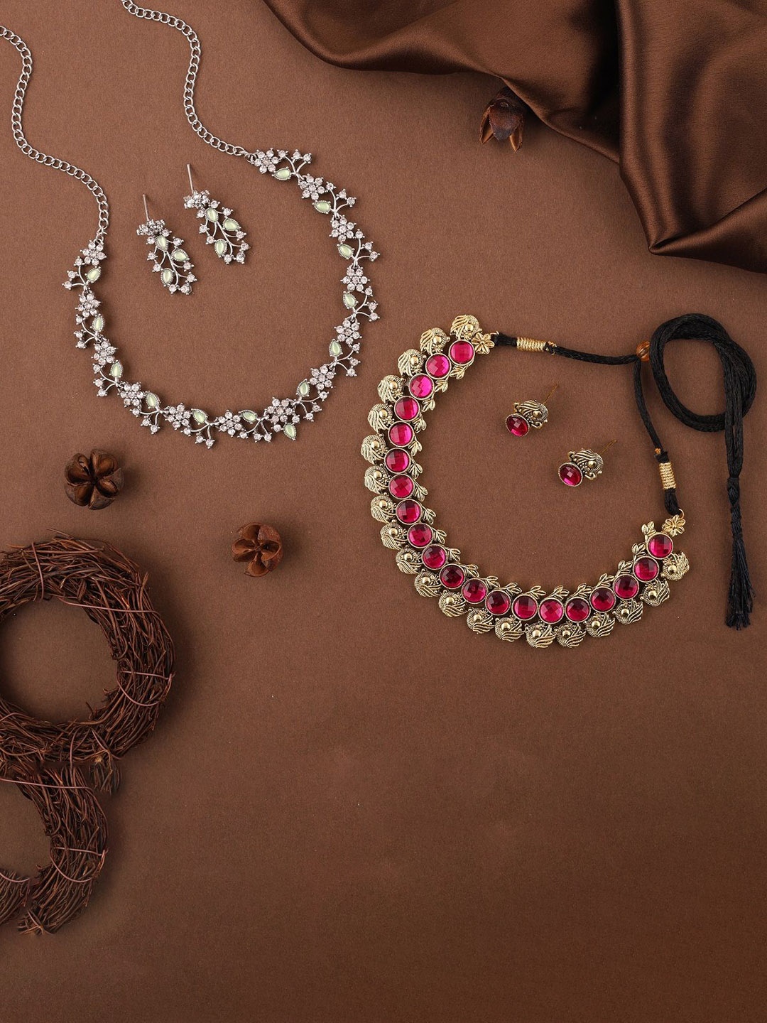 

Lyriss Set Of 2 Gold-Sliver Plated American Diamond Studded Jewellery Set
