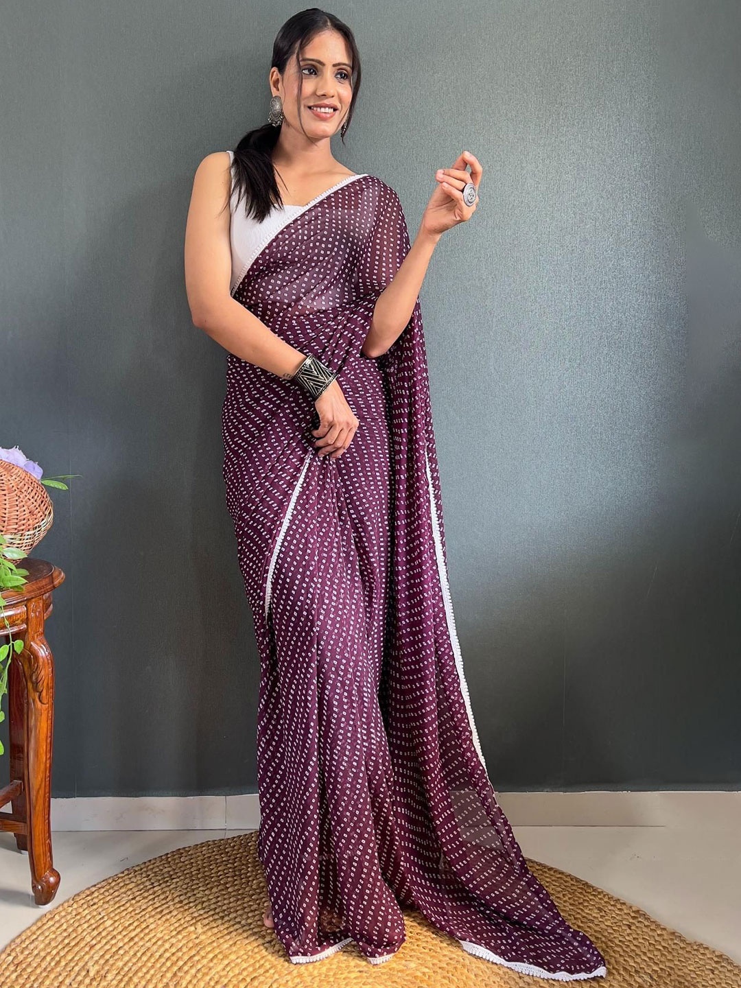 

Moda Rapido Bandhani Pure Georgette Ready to Wear Saree, Coffee brown