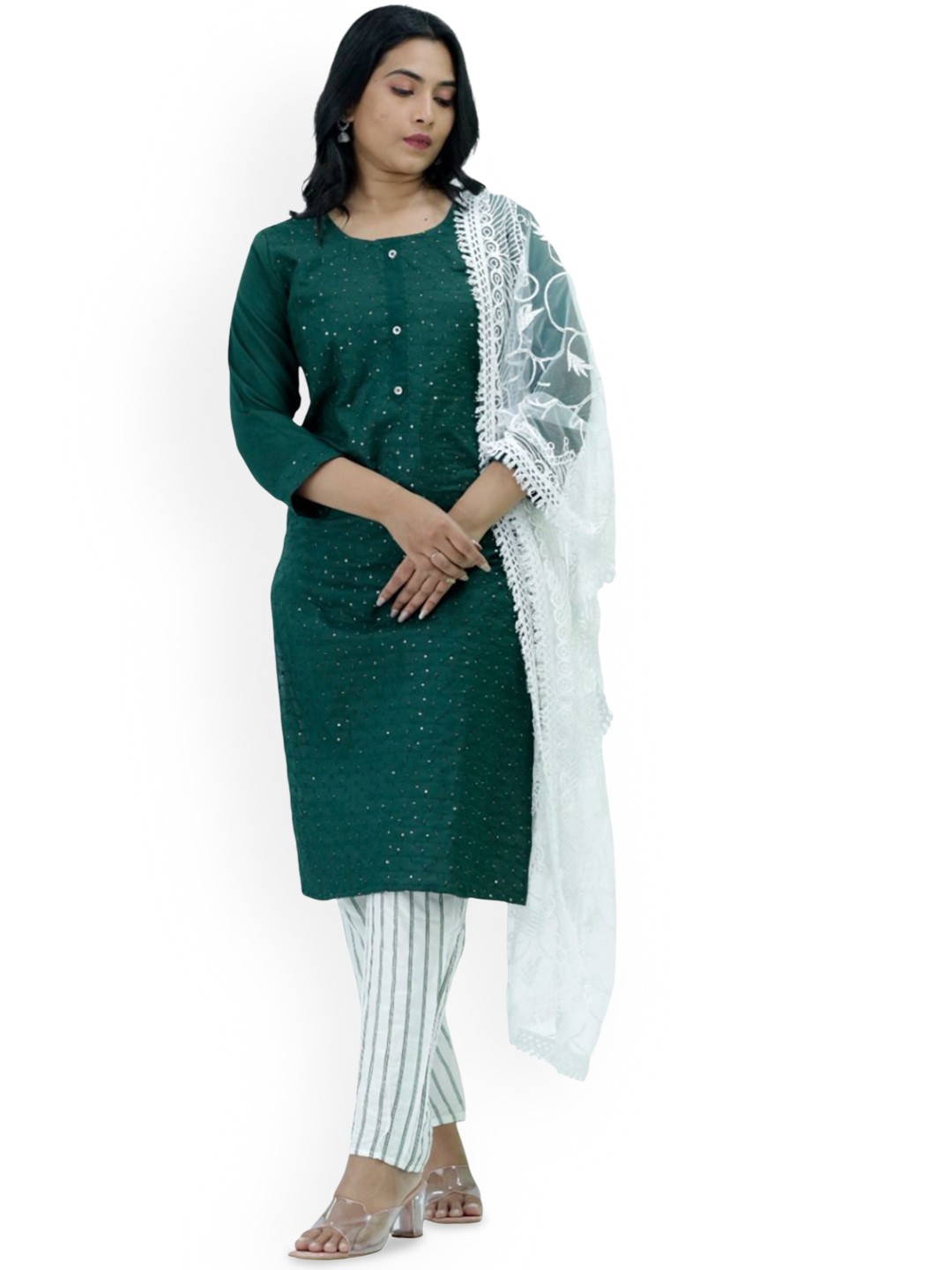 

Silselah Embroidered Sequinned Round Neck Pure Cotton Kurta With Trousers & Dupatta, Green