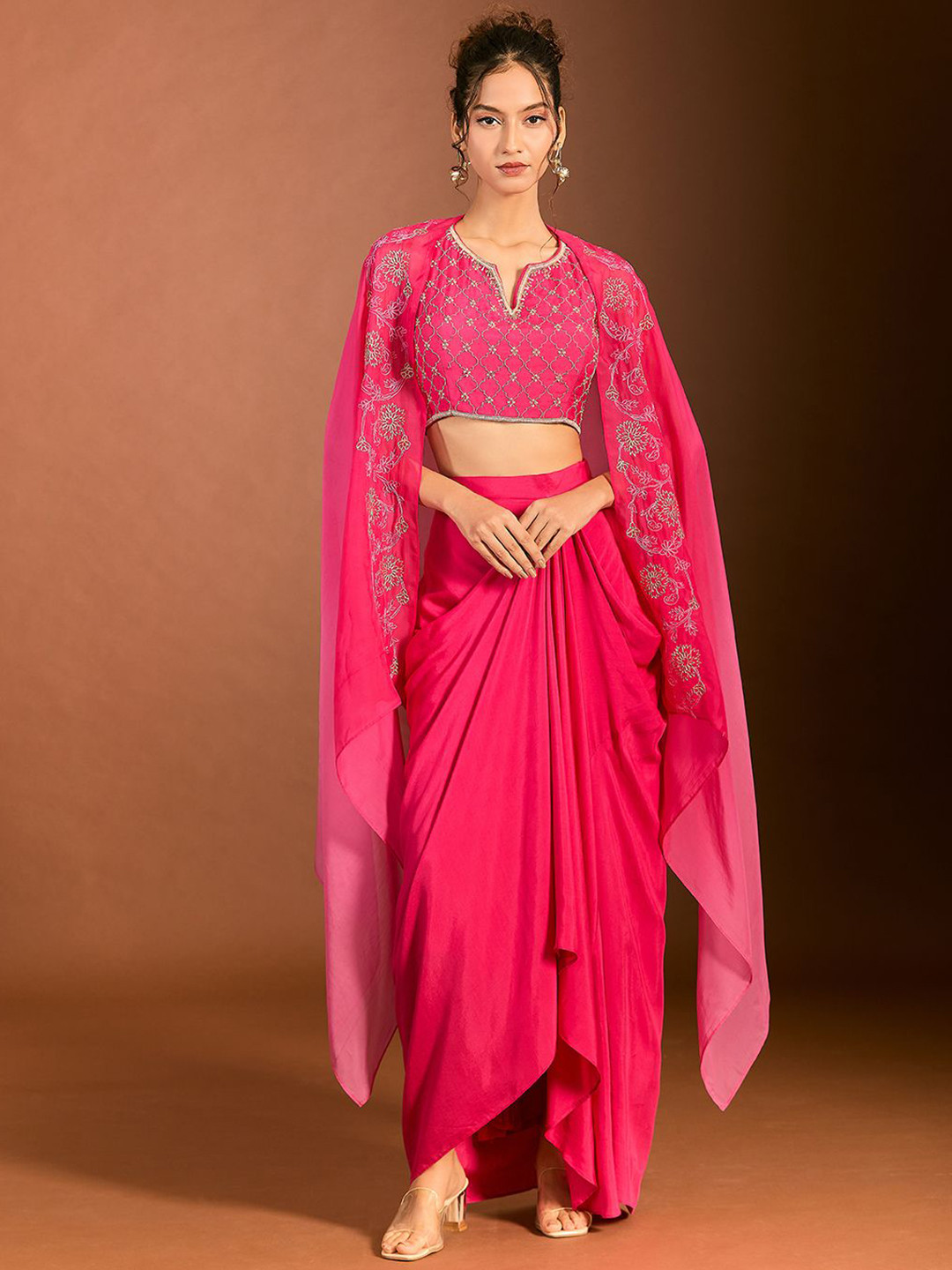 

Mystake By Meghna Shah Embroidered V Neck Blouse & Skirt With Dupatta Co-Ords, Pink