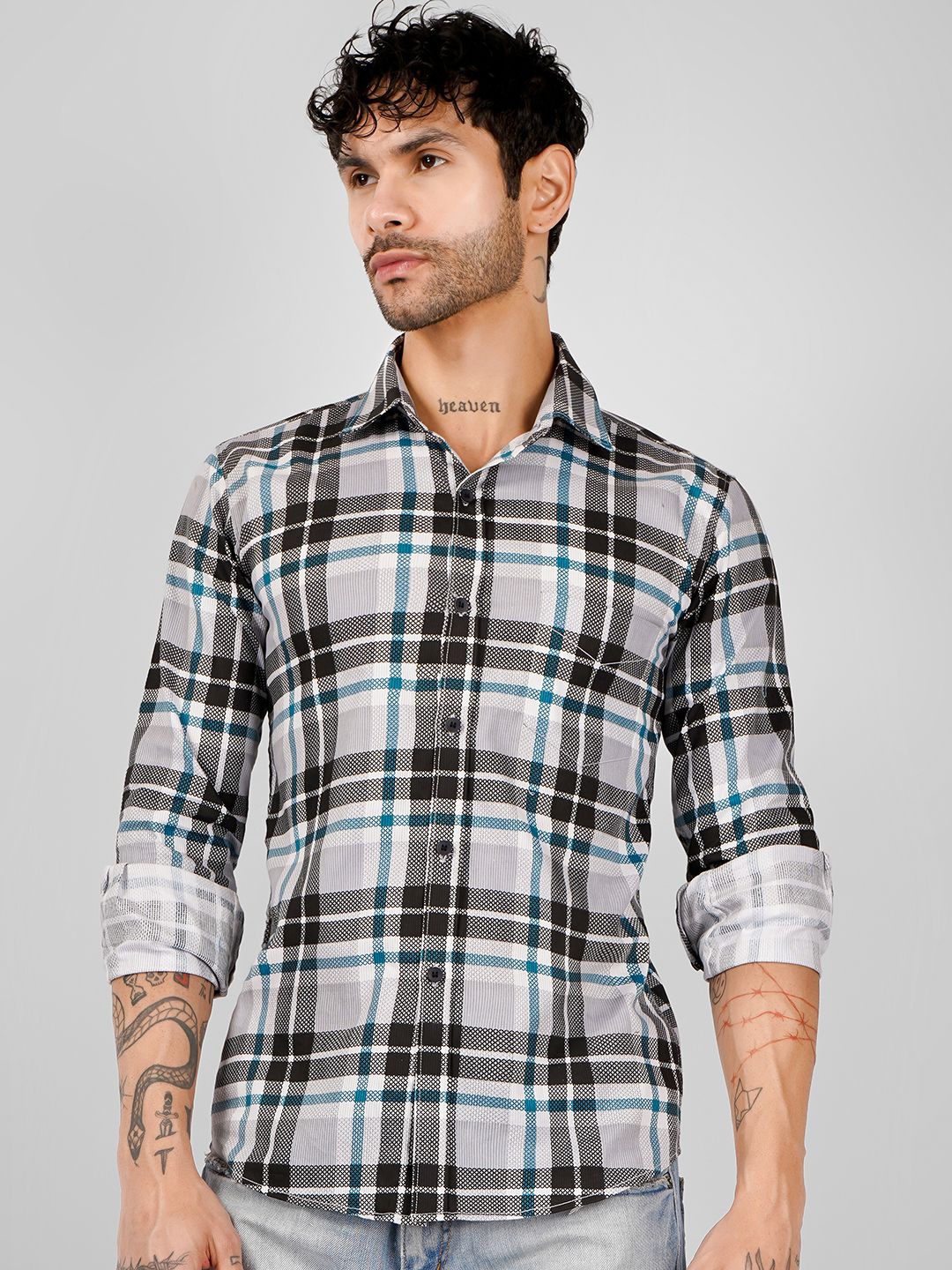 

DESIGN UP Men Classic Slim Fit Opaque Checked Casual Shirt, Blue