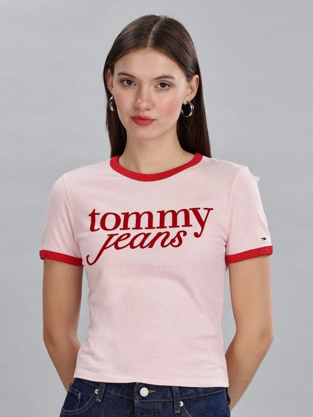 

Tommy Hilfiger Women Brand Logo Printed Slim Fit T-shirt, Pink