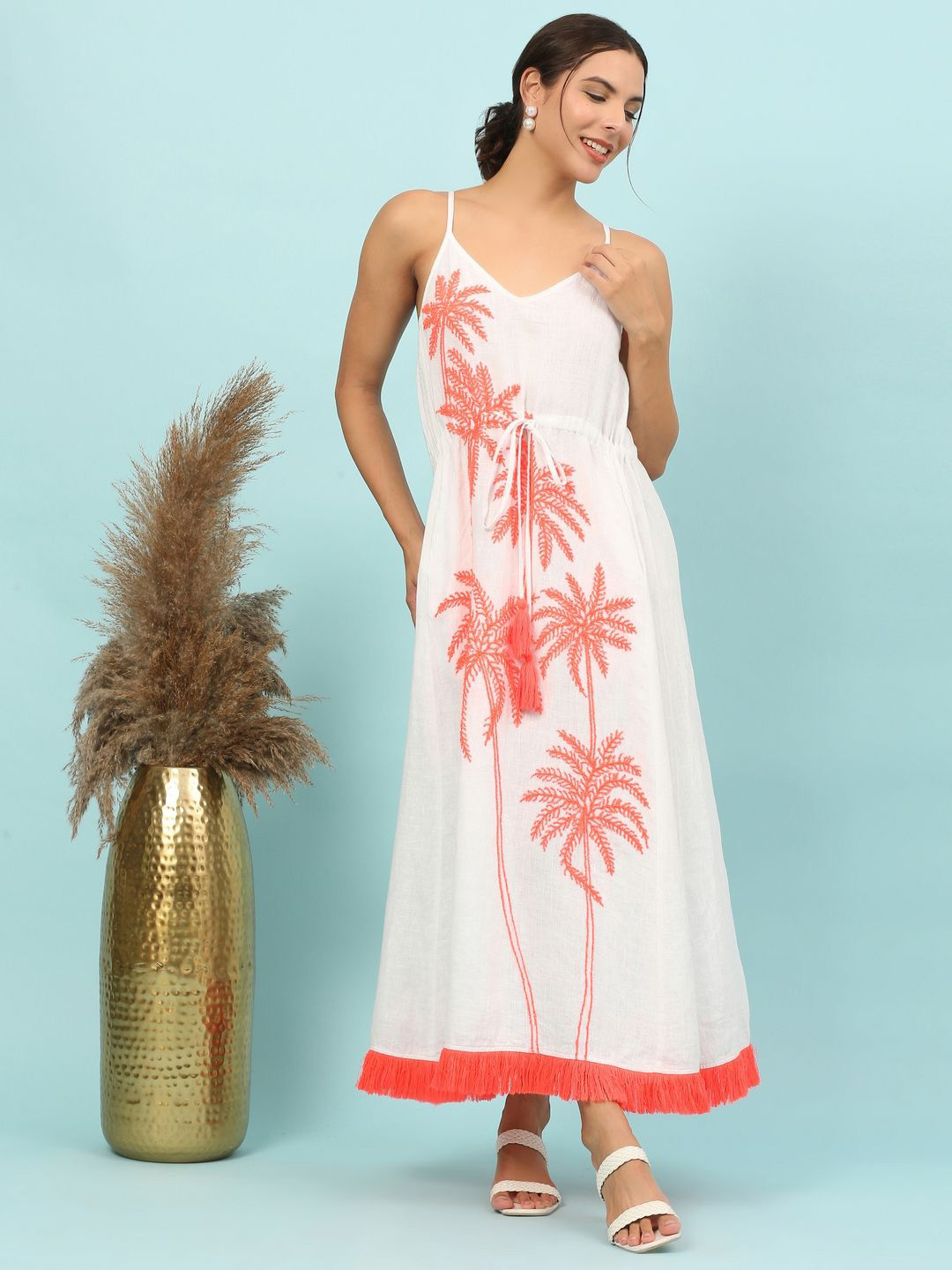 

ECO LEAS BY SHIPRA Embroidered Linen A-Line Maxi Dress, White