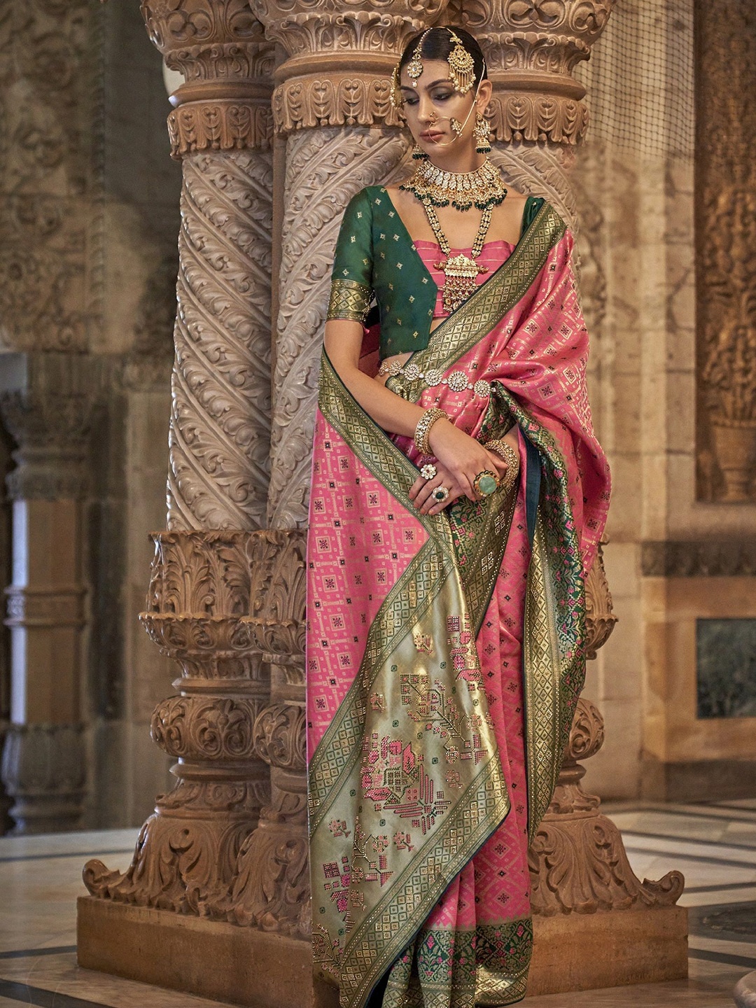 

MAHALASA Ethnic Motifs Zari Pure Silk Handloom Kanjeevaram Saree, Pink