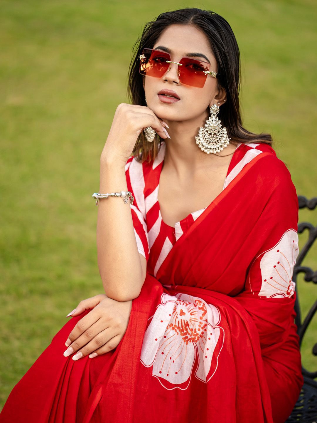 

KALINI Floral Block Print Saree, Red