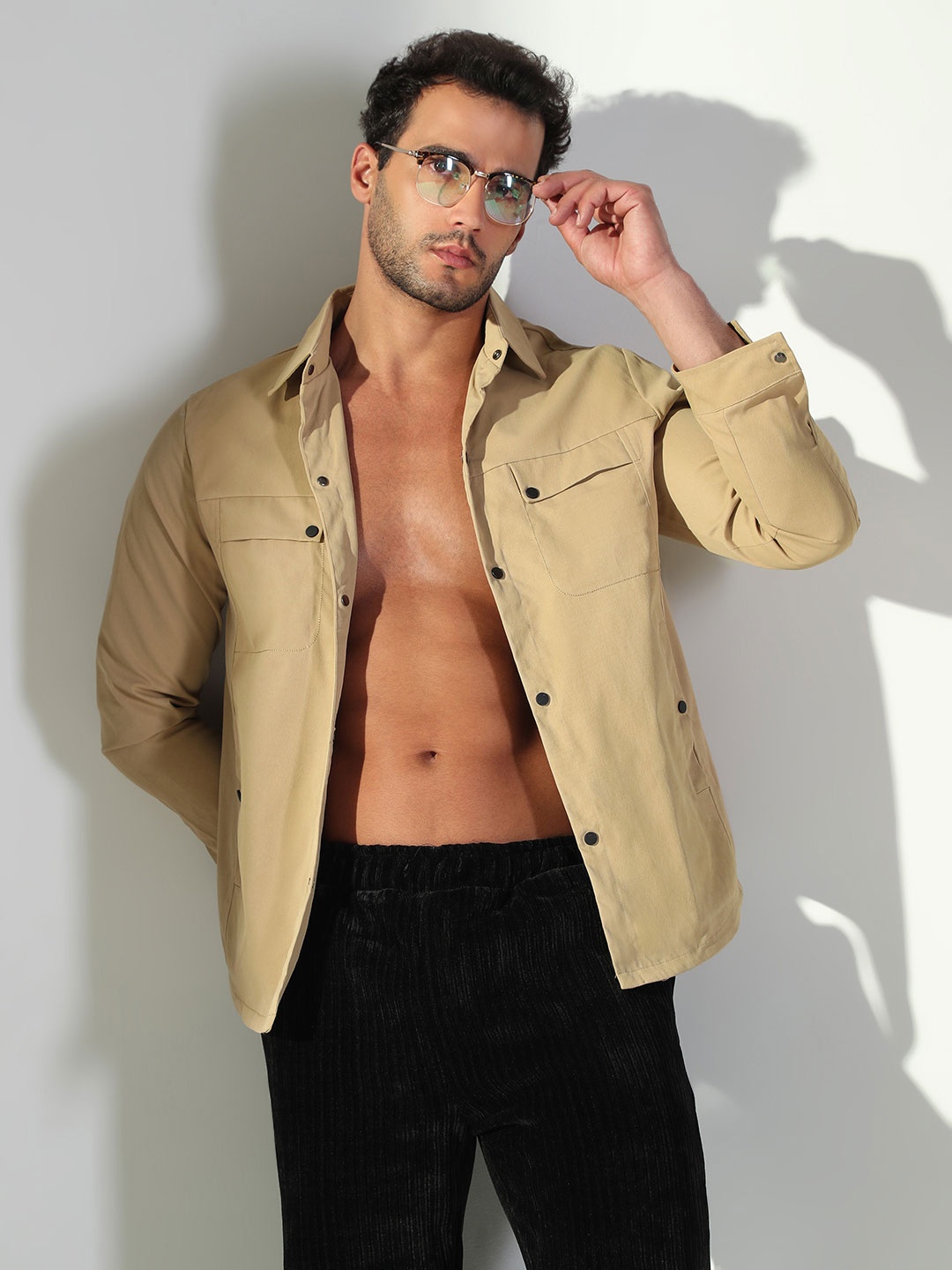 

SHOWOFF Cotton Long Sleeves Spread Collar Shacket, Khaki