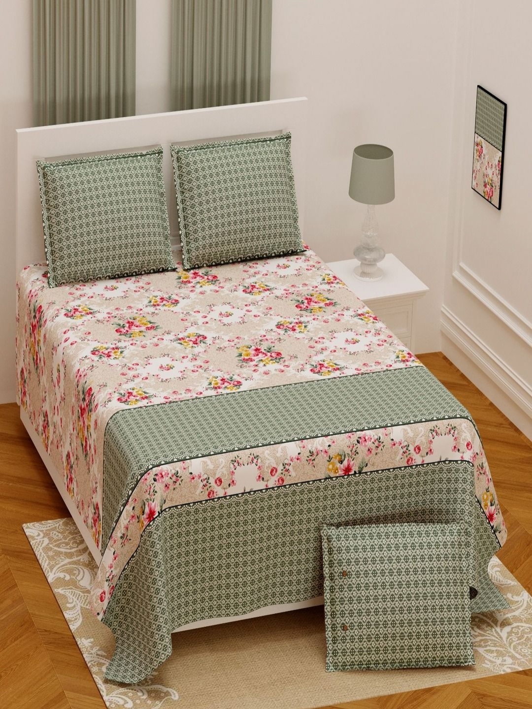 

Myntra Elegant Homes Green & Pink Floral 250 TC King Bedsheet with 2 Pillow Covers