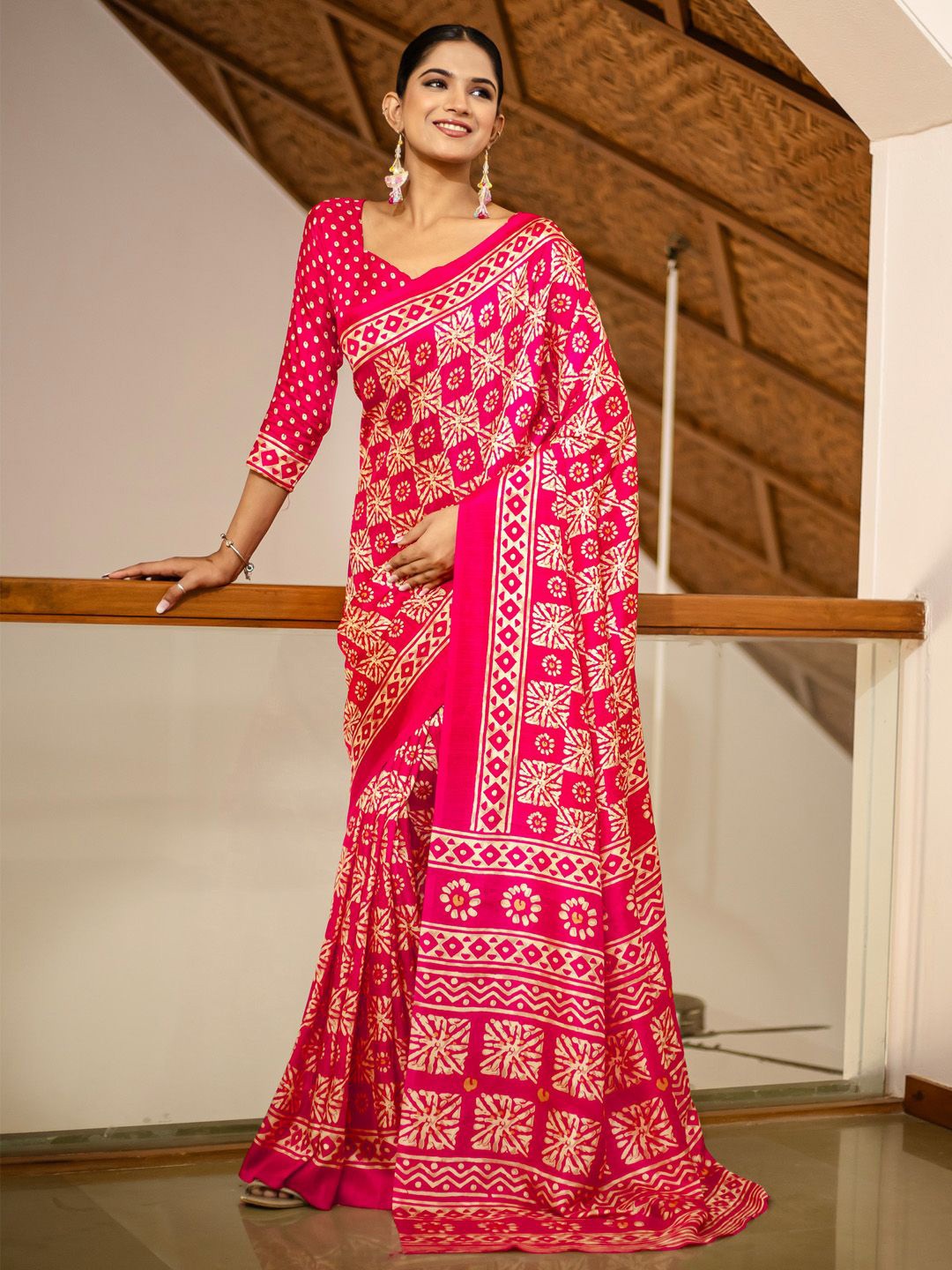 

KALINI Ethnic Motifs Block Print Saree, Pink