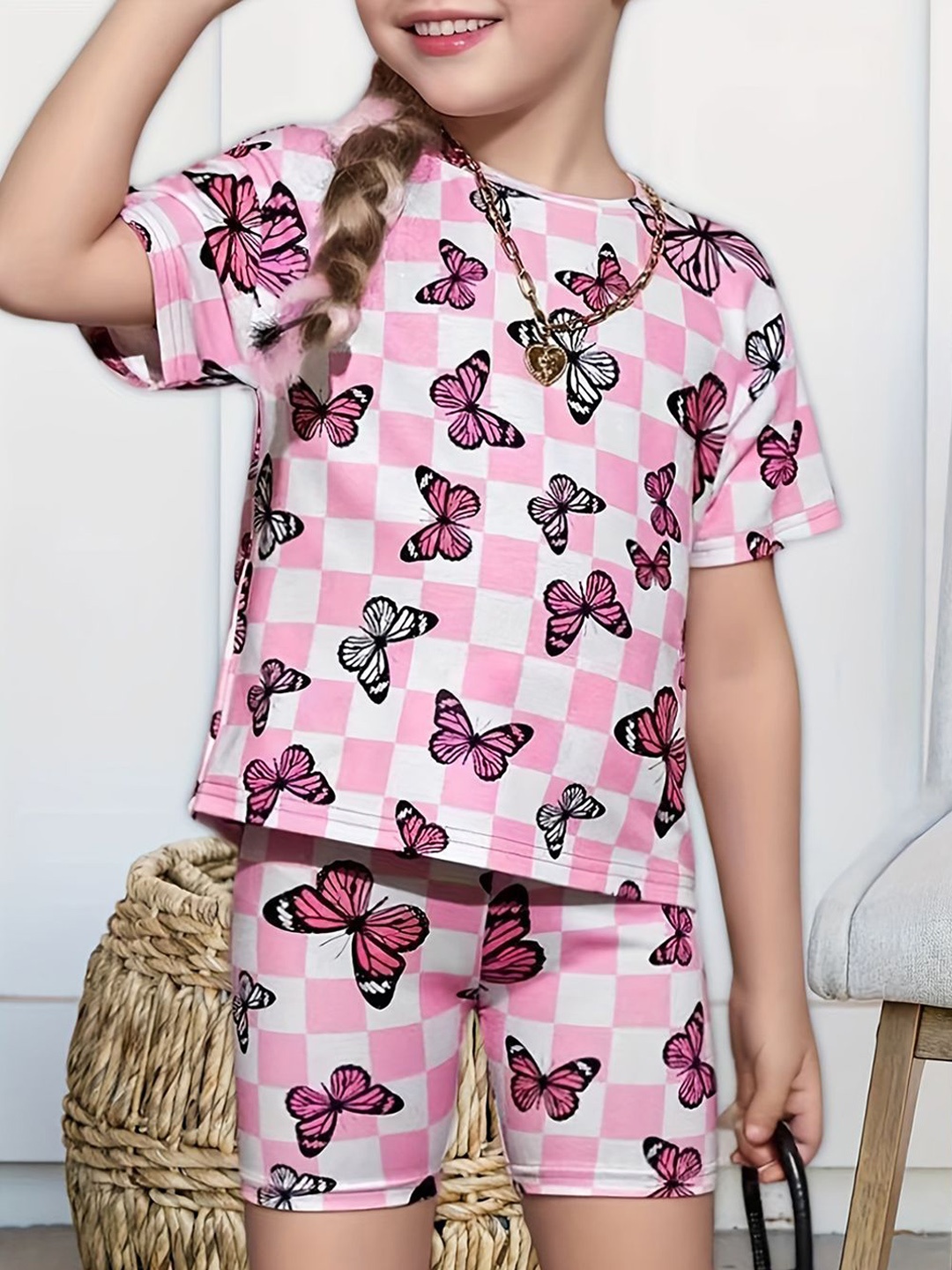 

YK Girls Printed Top With Shorts, Pink