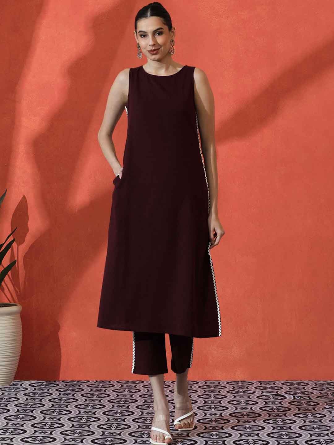 

Sangria Embroidered Pure Cotton Straight Kurta & Trousers Set, Maroon