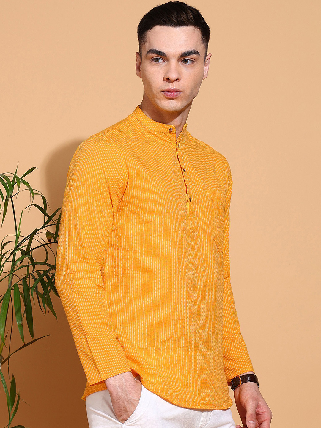 

Anouk Men Geometric Printed Thread Work Kurta, Yellow