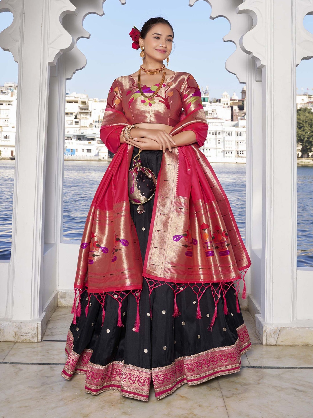 

LOOKNBOOK ART Ready to Wear Lehenga & Unstitched Blouse With Dupatta, Black