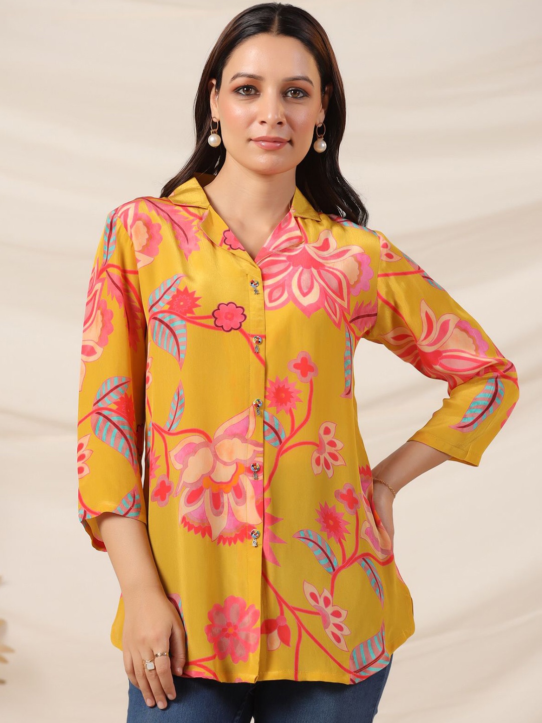 

JISORA Print Pure Silk Top, Mustard