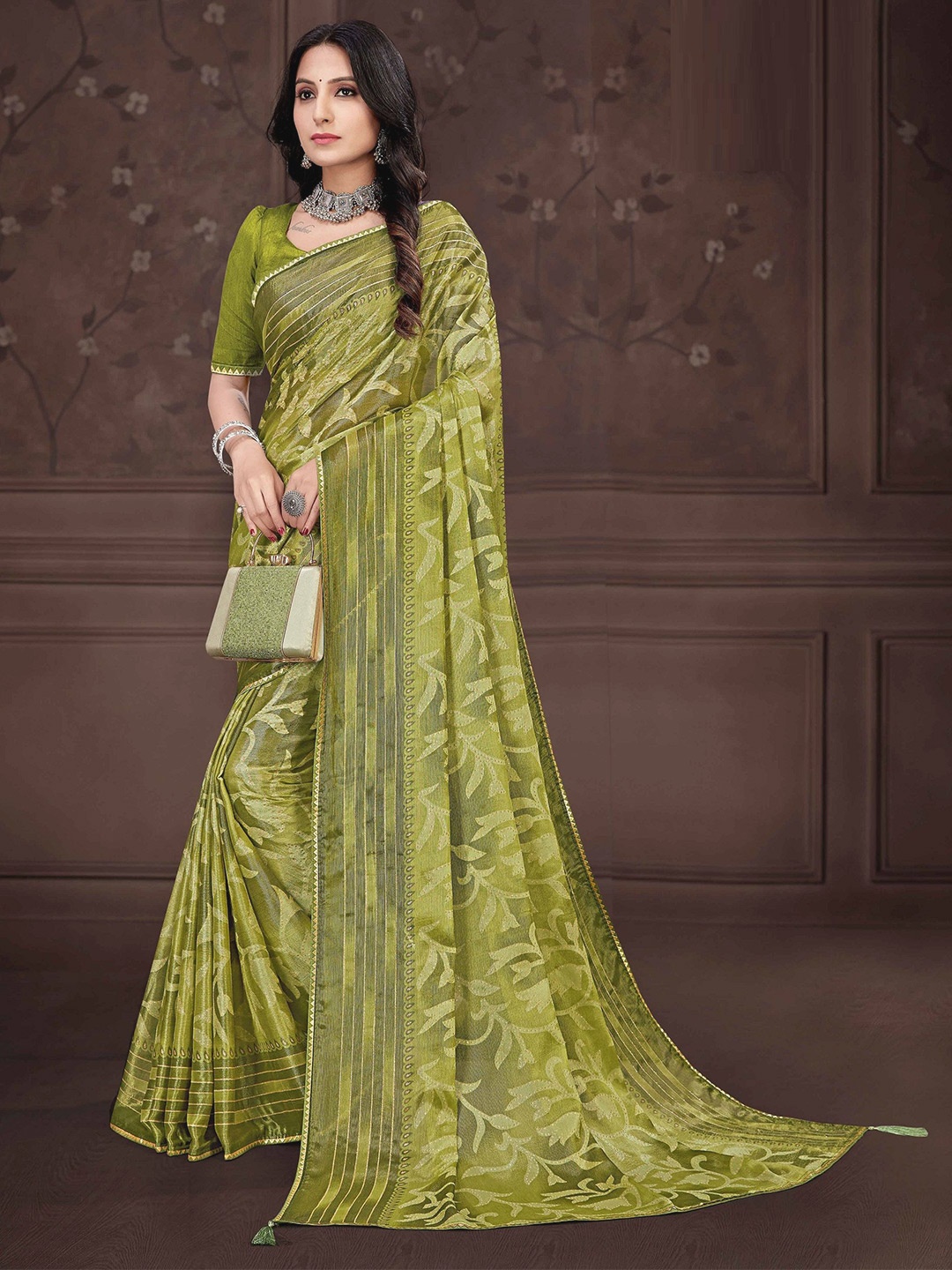 

MAHALASA Woven Design Brasso Saree, Green