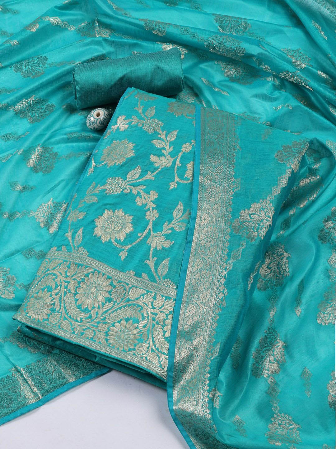 

Meena Bazaar Art Silk Unstitched Dress Material, Sea green