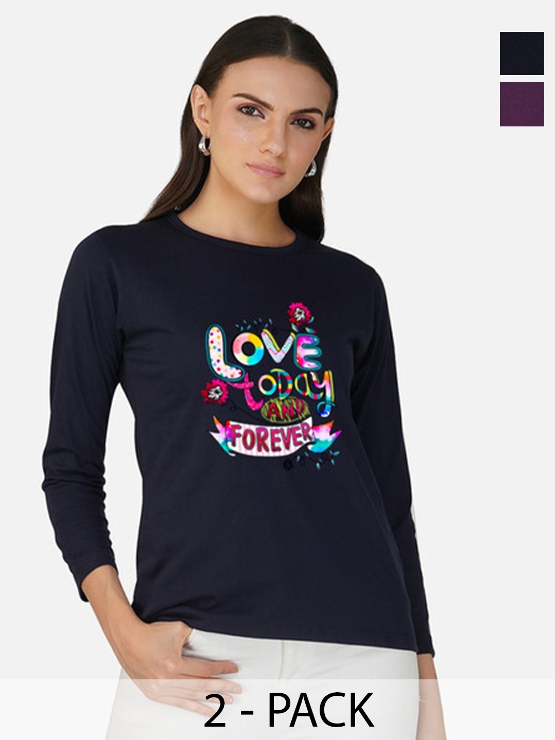 

Metronaut Women 2 Printed Bio Finish Applique T-shirt, Navy blue
